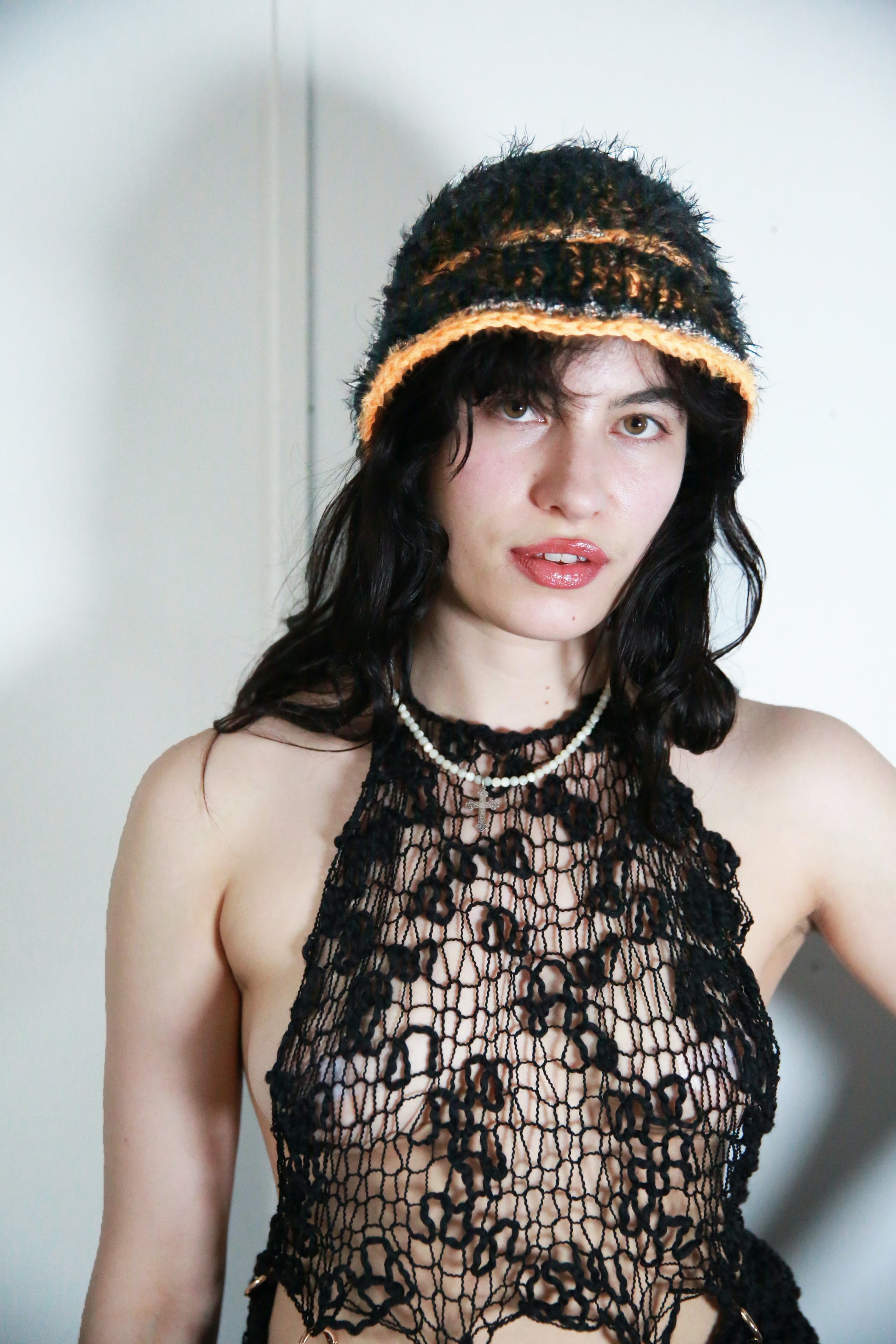 (ONE OF A KIND) BLACK & ORANGE SHAGGY CROCHET HAT