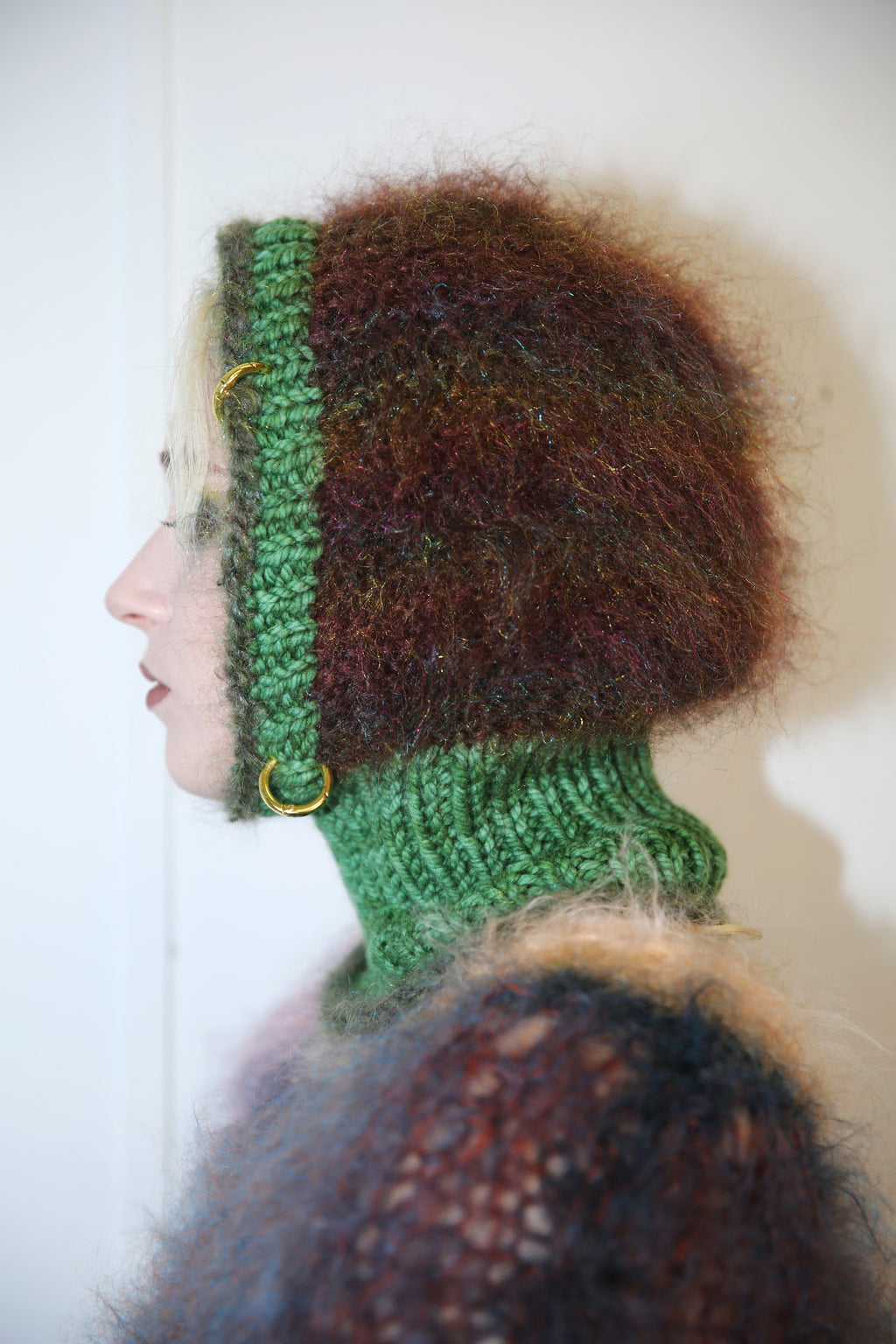 GREEN & RAINBOW GLITTERY BROWN MOHAIR & MERINO PIERCING BALACLAVA
