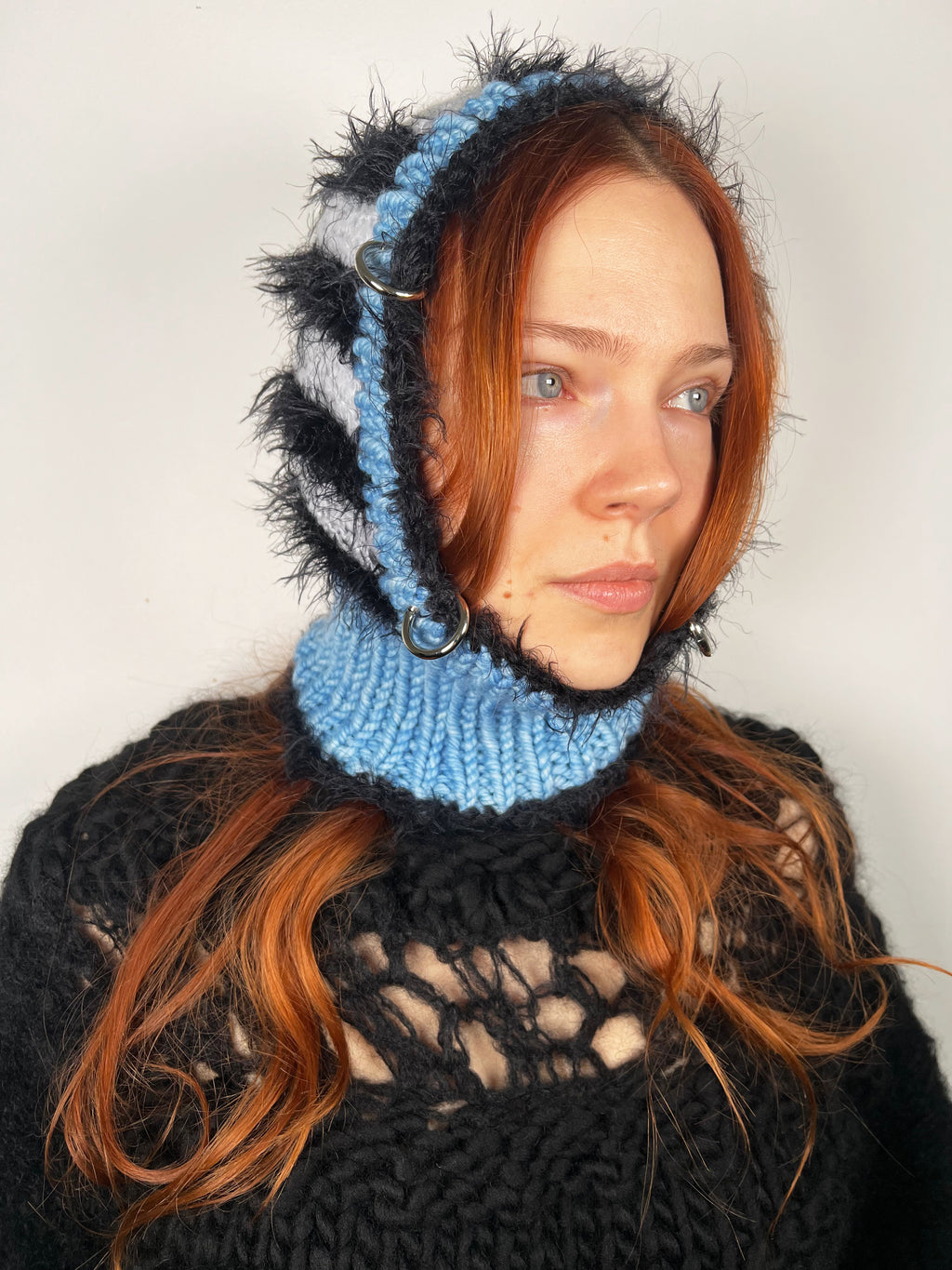 (ONE OF A KIND) BLUE, BLACK & GREY STRIPE PIERCING BALACLAVA