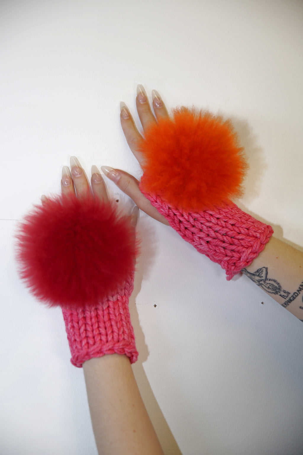 MISMATCHED PINK, RED & ORANGE ALPACA POM POM MITTENS