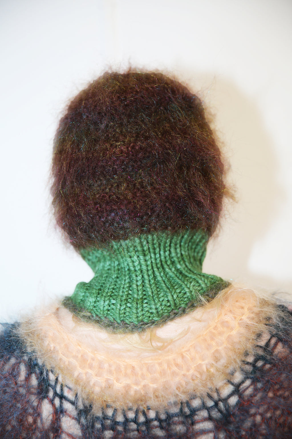 GREEN & RAINBOW GLITTERY BROWN MOHAIR & MERINO PIERCING BALACLAVA