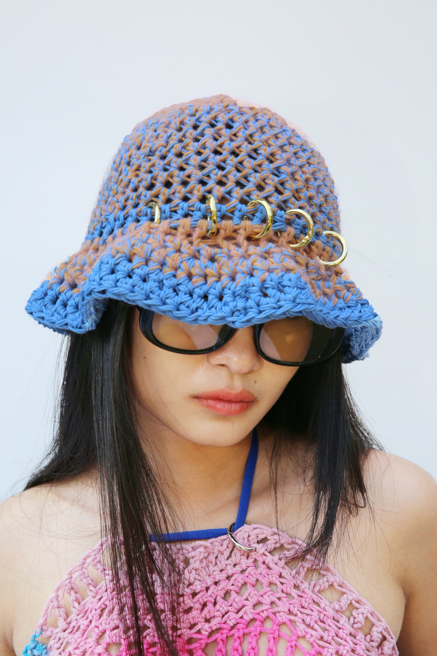 BLUE & ORANGE CROCHET PIERCING HAT (GOLD RINGS)