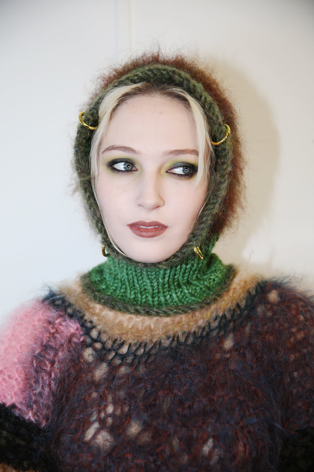 GREEN & RAINBOW GLITTERY BROWN MOHAIR & MERINO PIERCING BALACLAVA