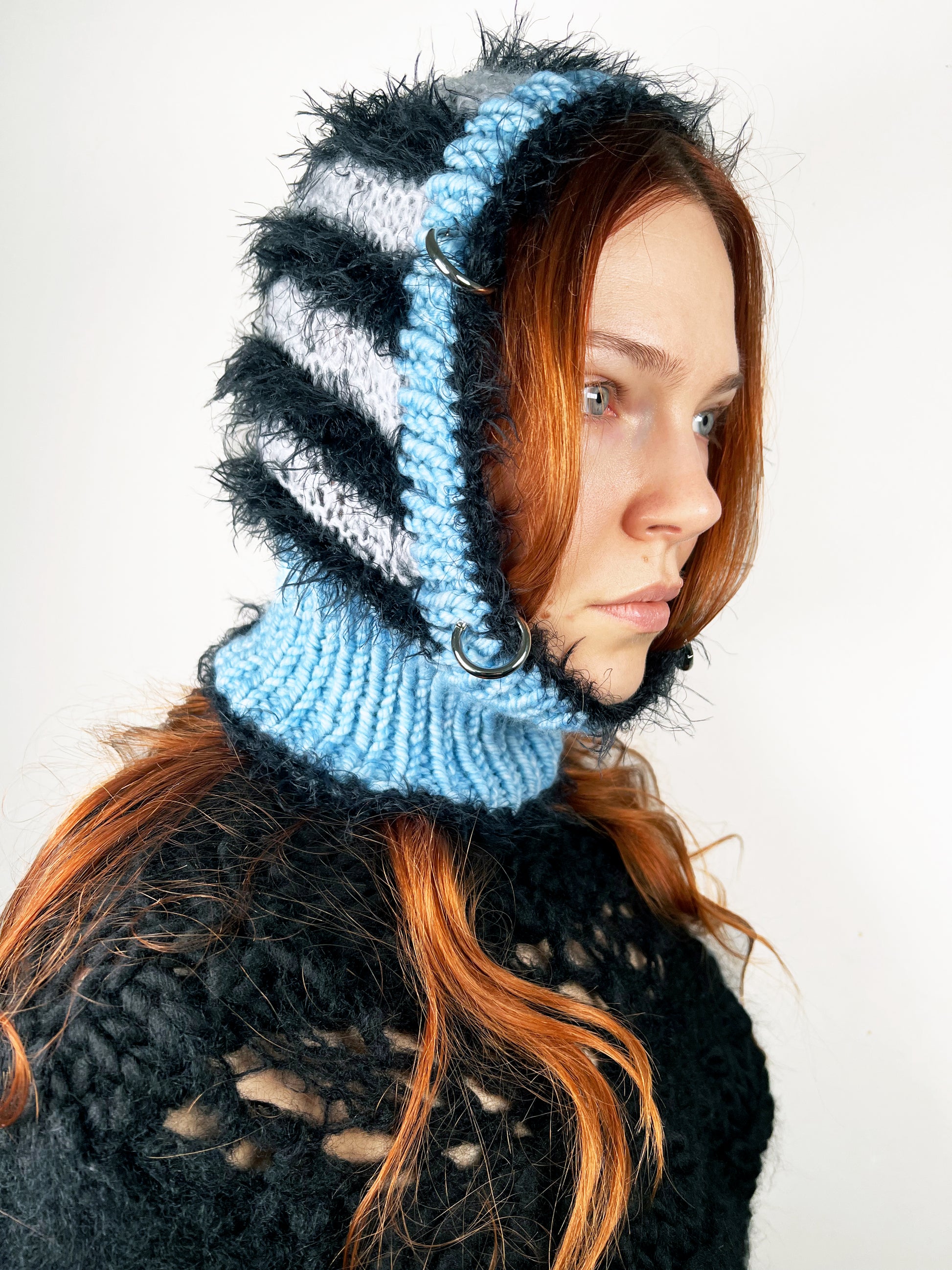 (ONE OF A KIND) BLUE, BLACK & GREY STRIPE PIERCING BALACLAVA