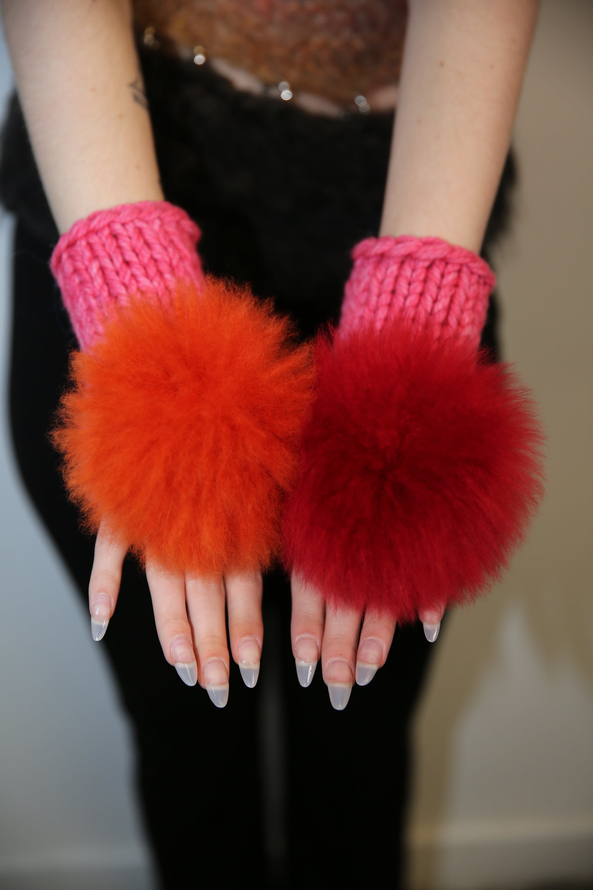 MISMATCHED PINK, RED & ORANGE ALPACA POM POM MITTENS