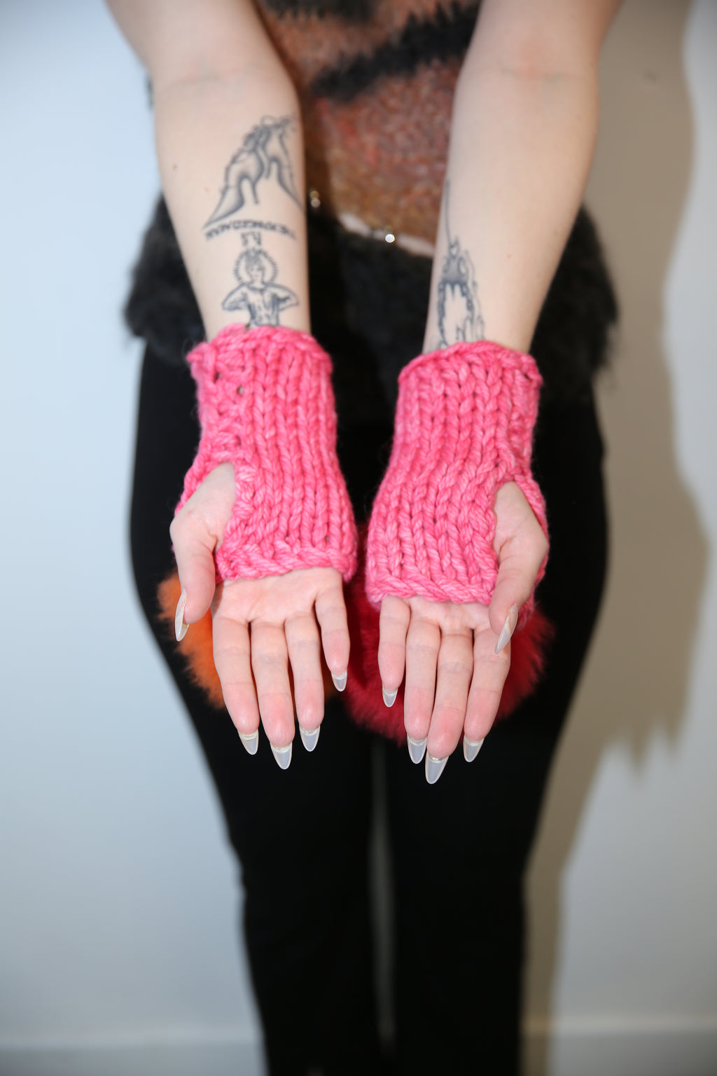 MISMATCHED PINK, RED & ORANGE ALPACA POM POM MITTENS