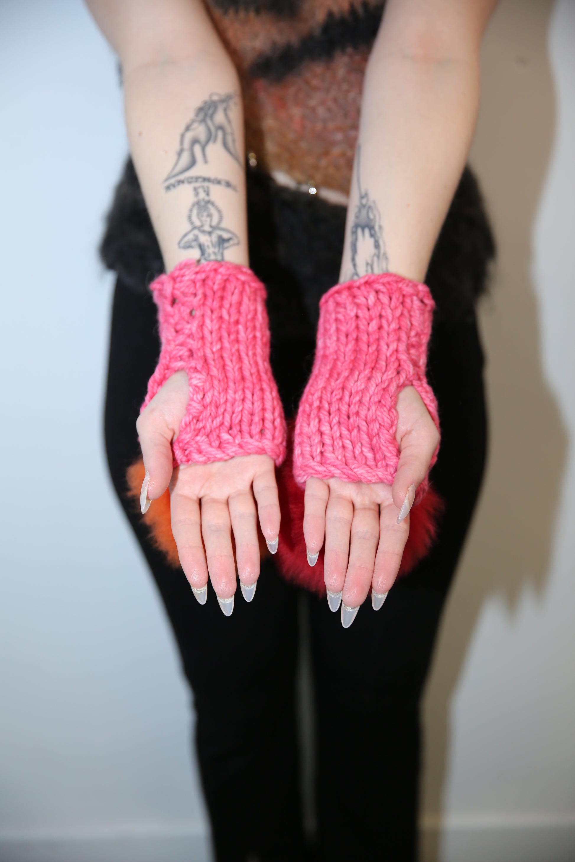 MISMATCHED PINK, RED & ORANGE ALPACA POM POM MITTENS