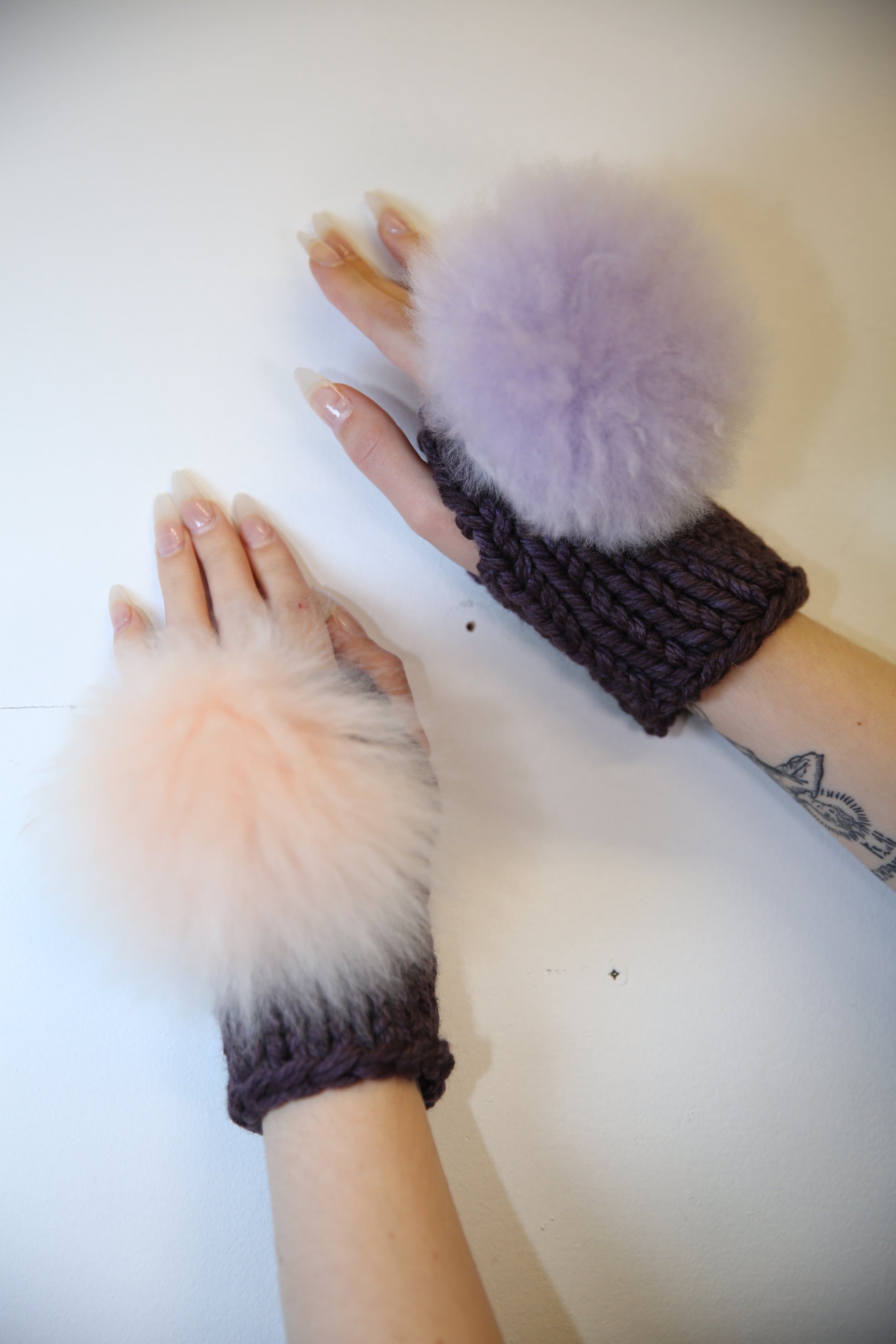MISMATCHED OFF BROWN/BLACK, APRICOT & LILAC ALPACA POM POM MITTENS