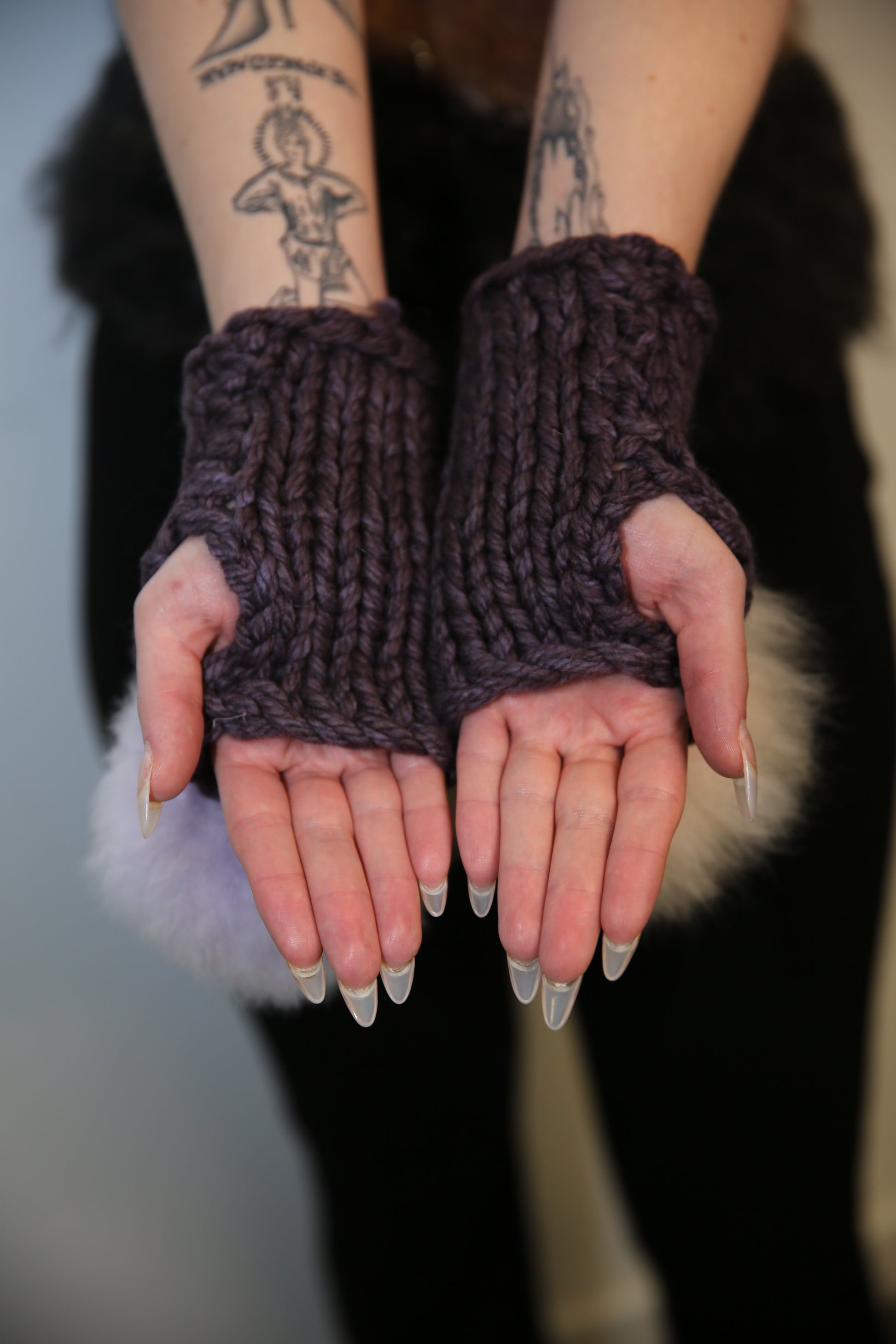 MISMATCHED OFF BROWN/BLACK, APRICOT & LILAC ALPACA POM POM MITTENS