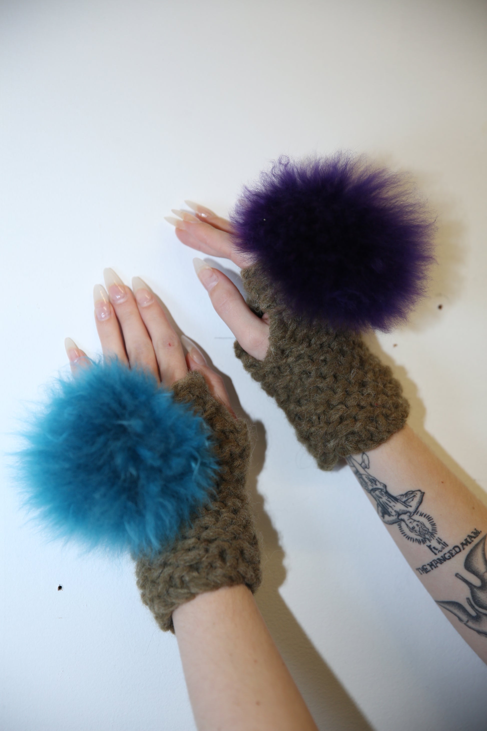MISMATCHED BROWN, PURPLE & TEAL ALPACA POM POM MITTENS