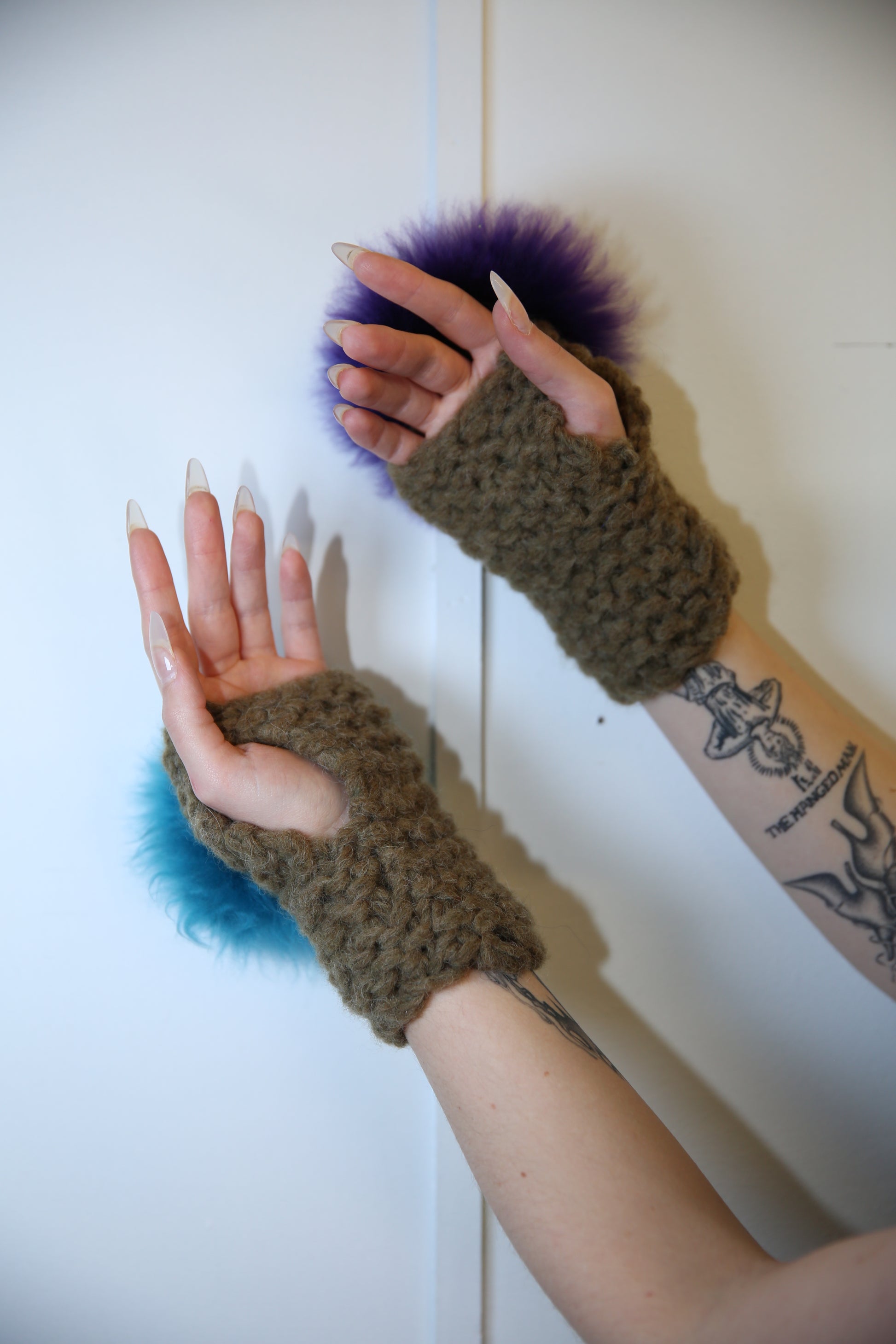 MISMATCHED BROWN, PURPLE & TEAL ALPACA POM POM MITTENS