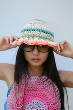 Load image into Gallery viewer, ORANGE, TURQUOISE &amp; WHITE CROCHET PIERCING HAT
