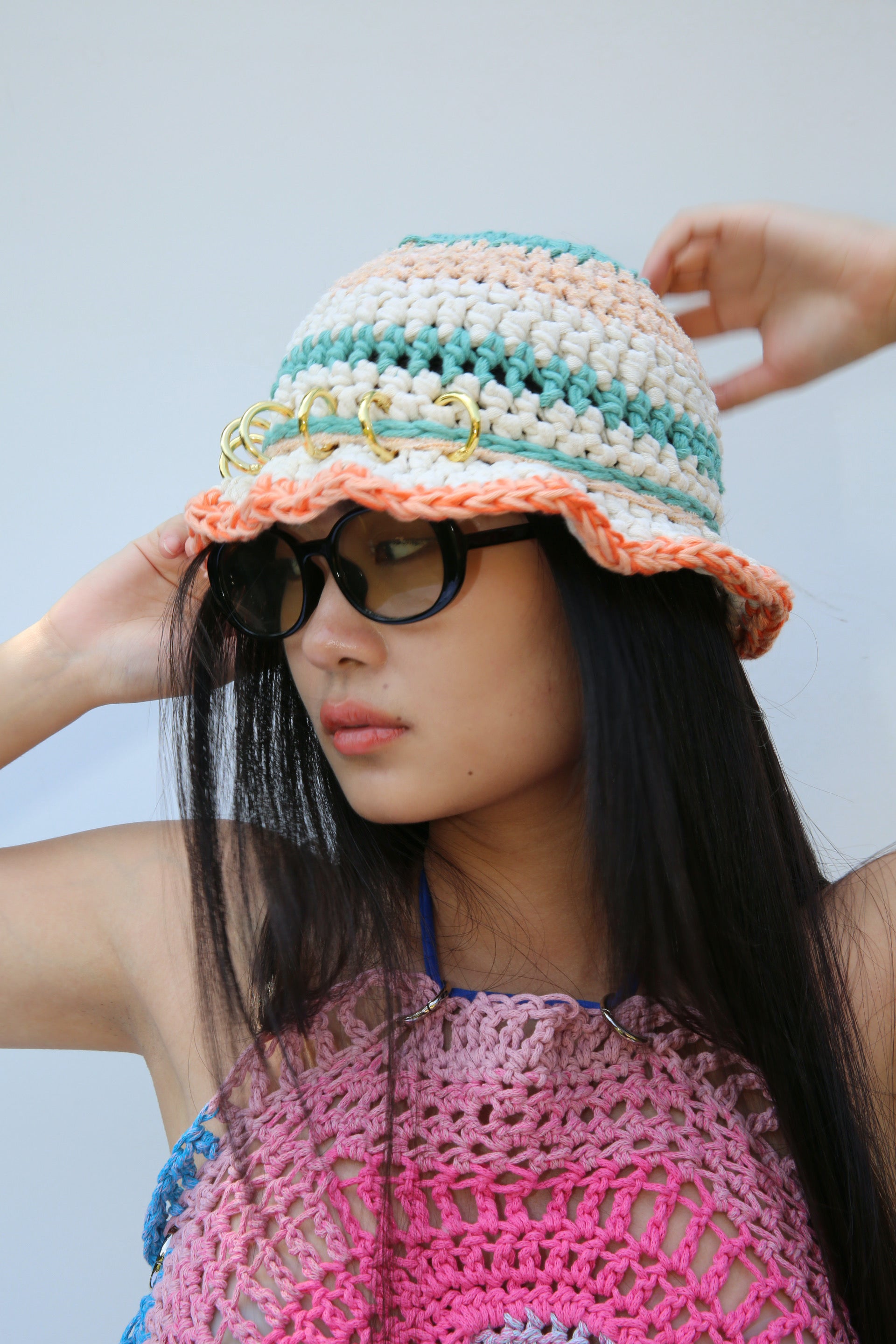 ORANGE, TURQUOISE & WHITE CROCHET PIERCING HAT