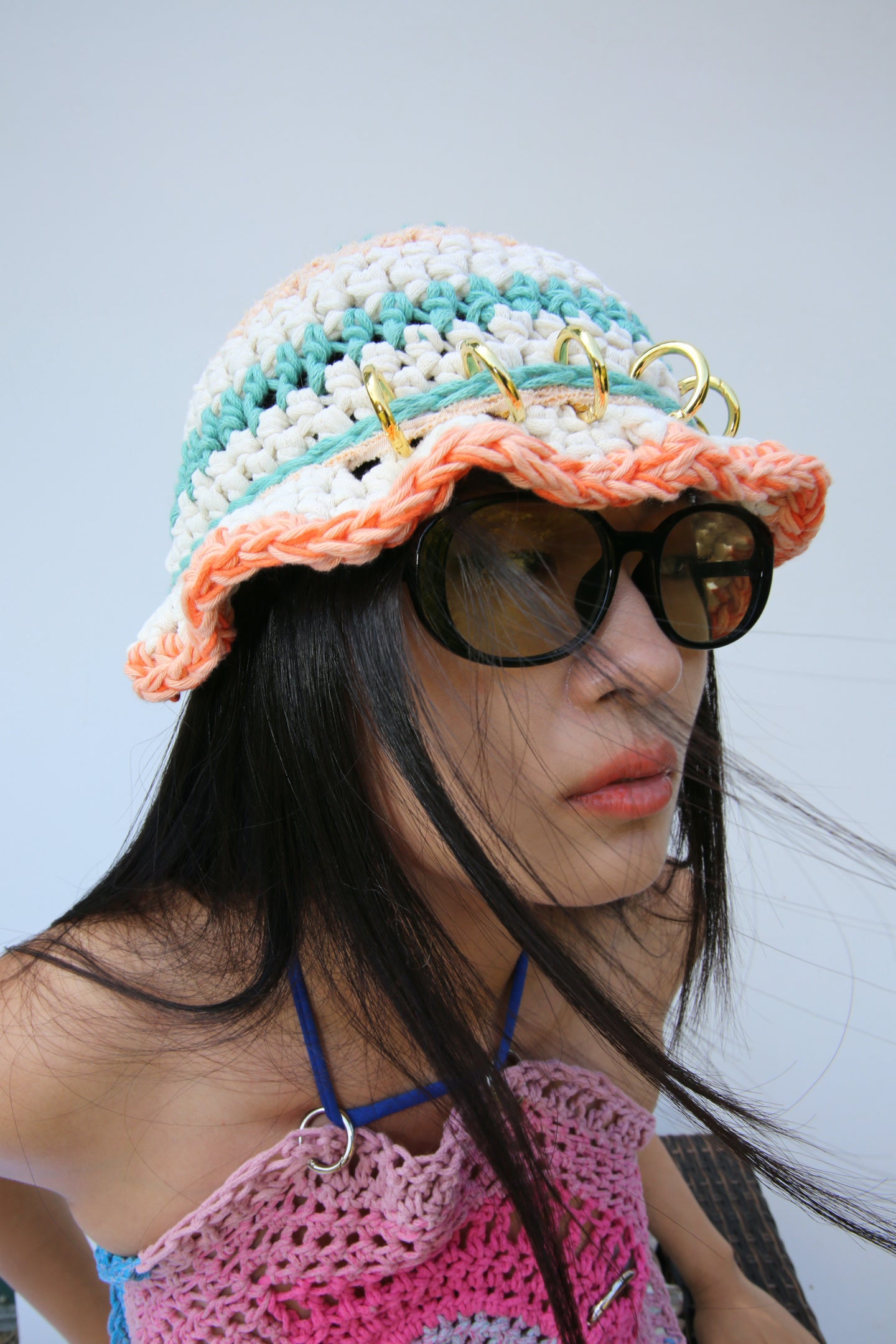 ORANGE, TURQUOISE & WHITE CROCHET PIERCING HAT