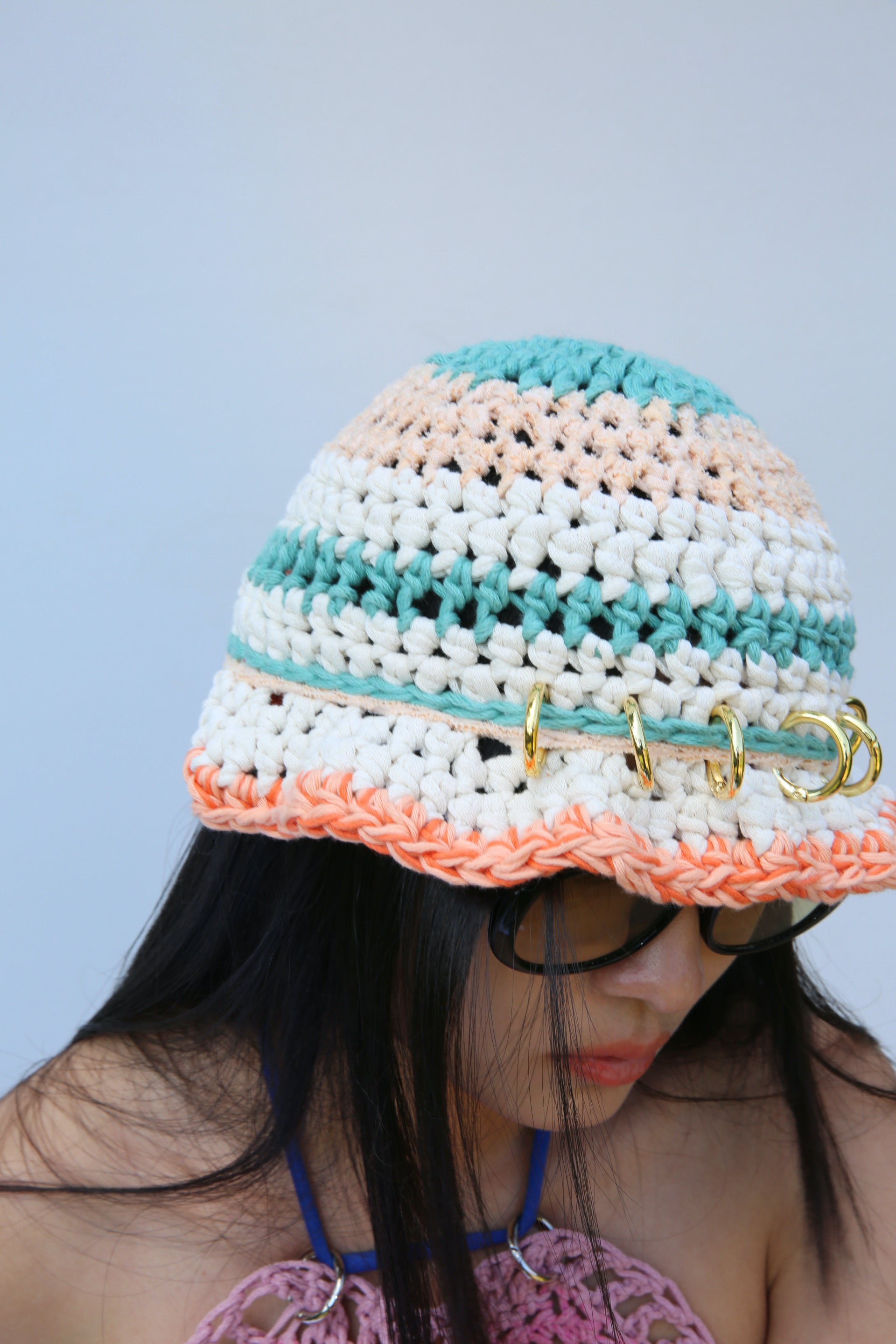 ORANGE, TURQUOISE & WHITE CROCHET PIERCING HAT