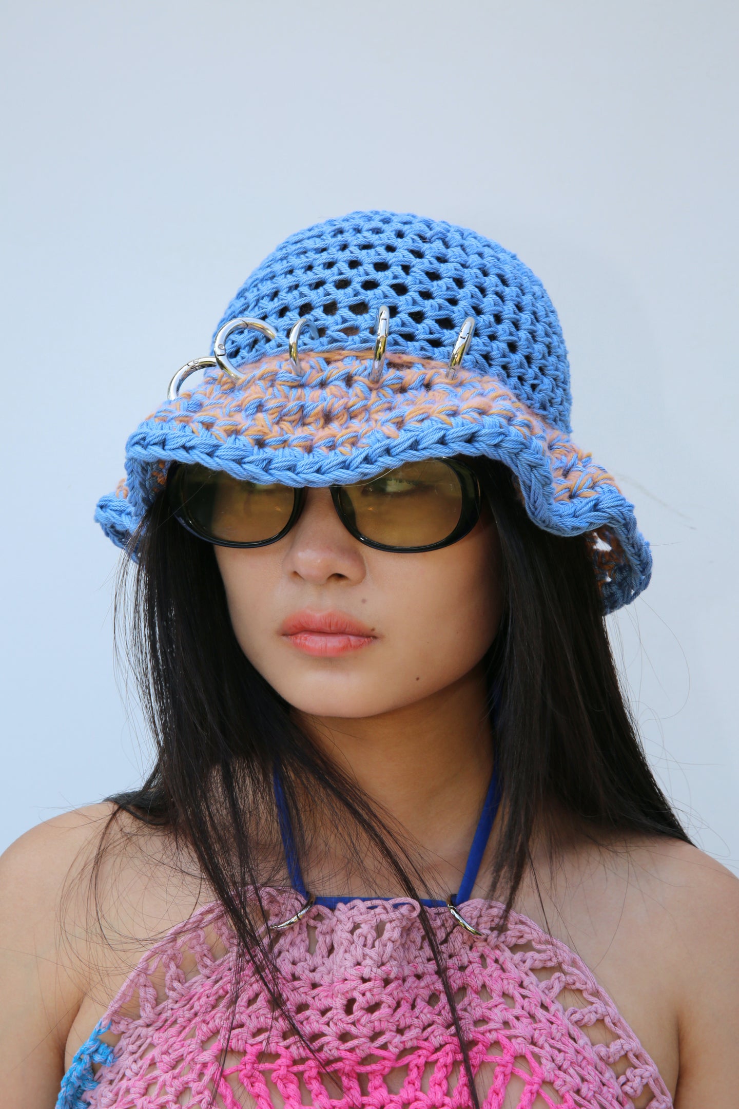 BLUE & ORANGE PIERCING COTTON HAT (SILVER RINGS)