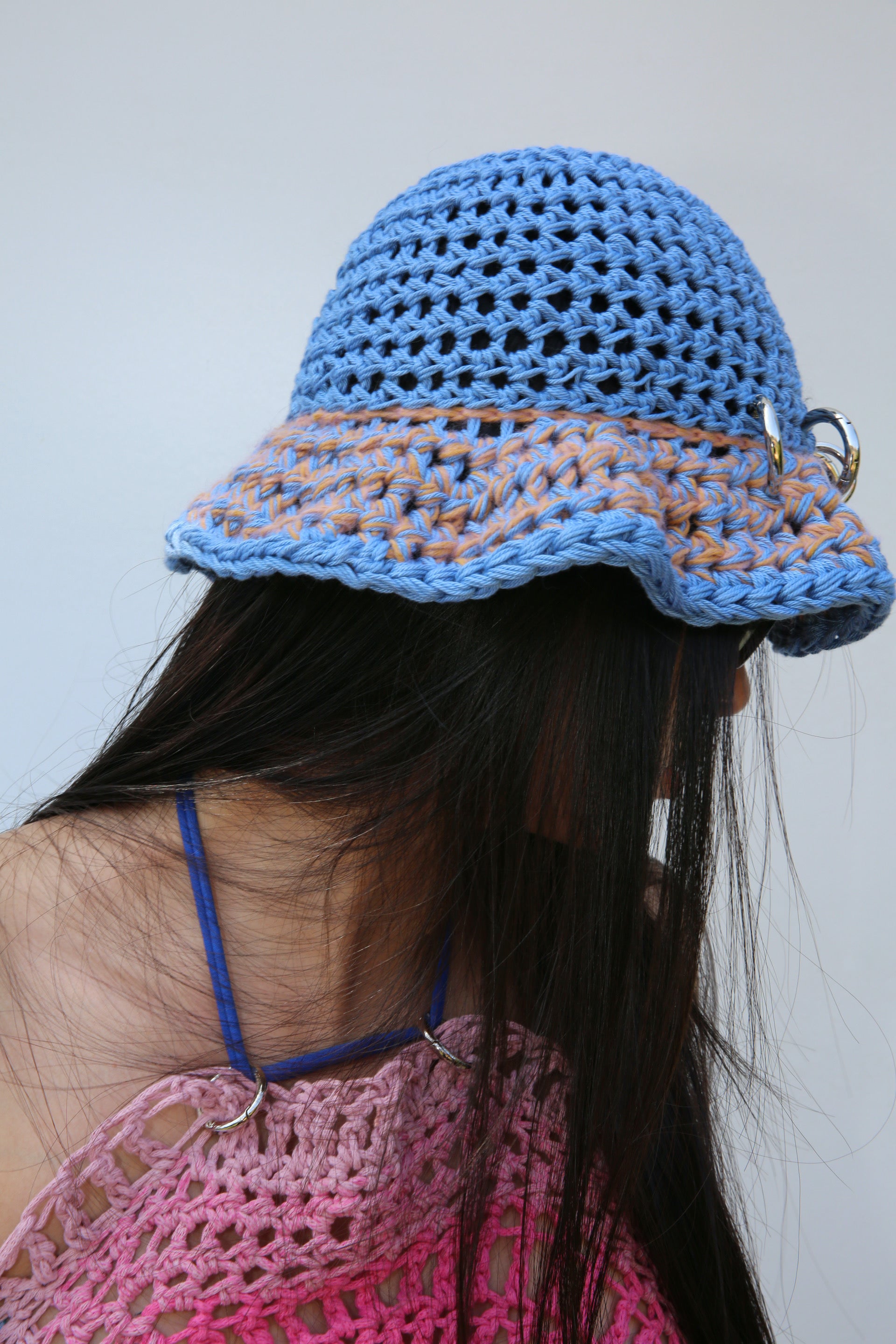BLUE & ORANGE PIERCING COTTON HAT (SILVER RINGS)