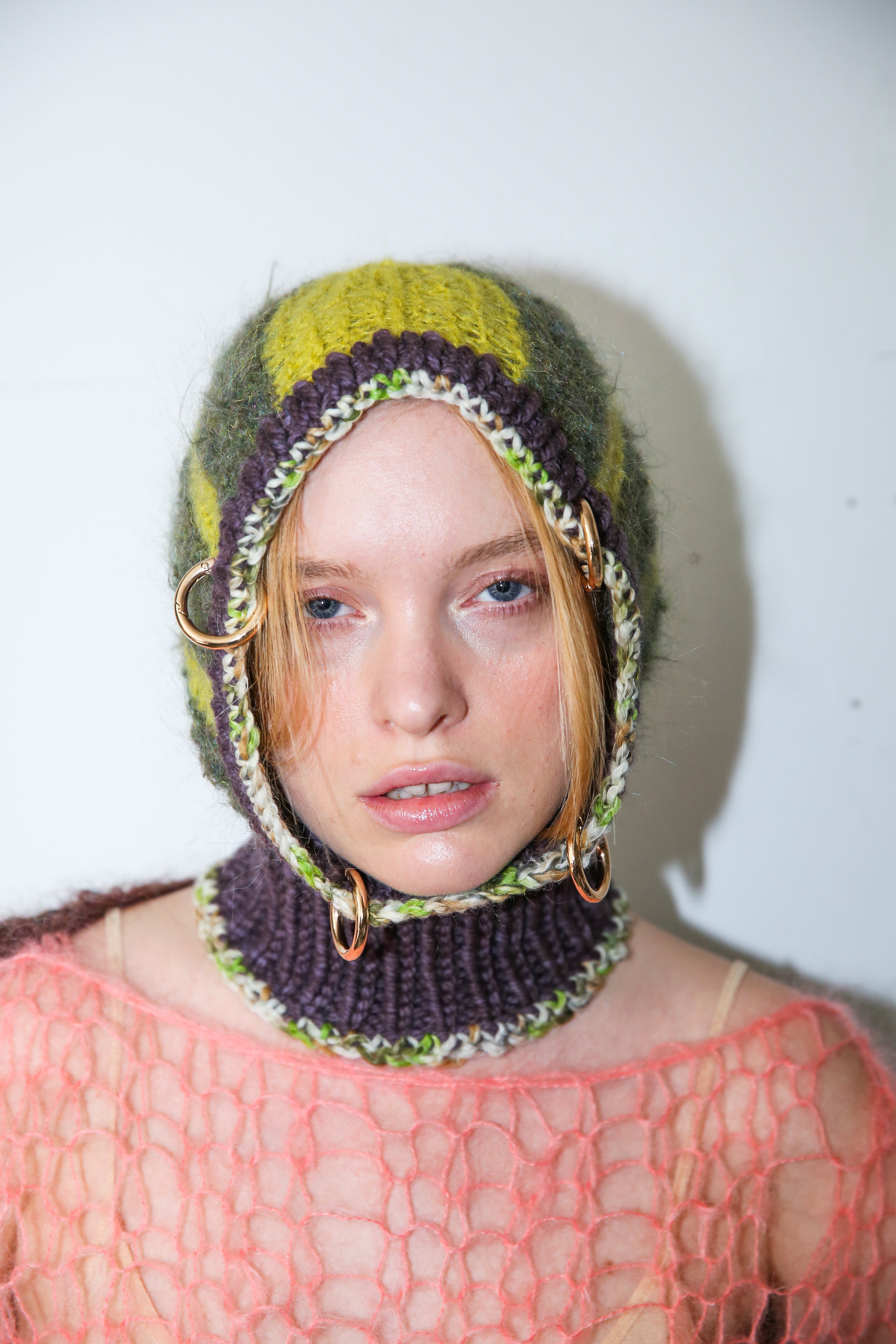 LIME GREEN, PURPLE BROWN & GLITTERY FOREST PIERCING BALACLAVA