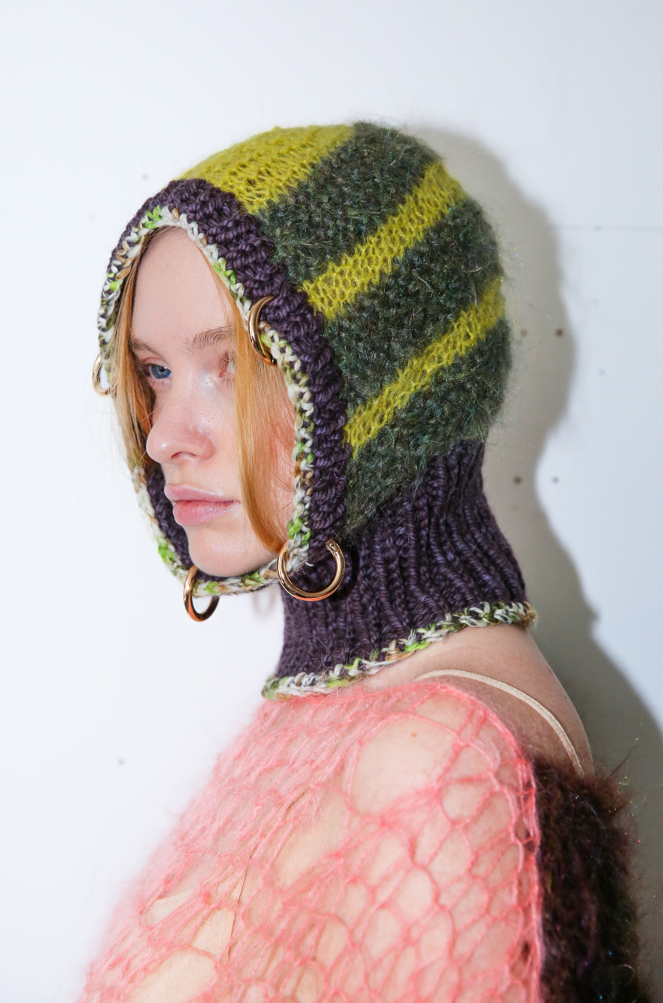LIME GREEN, PURPLE BROWN & GLITTERY FOREST PIERCING BALACLAVA