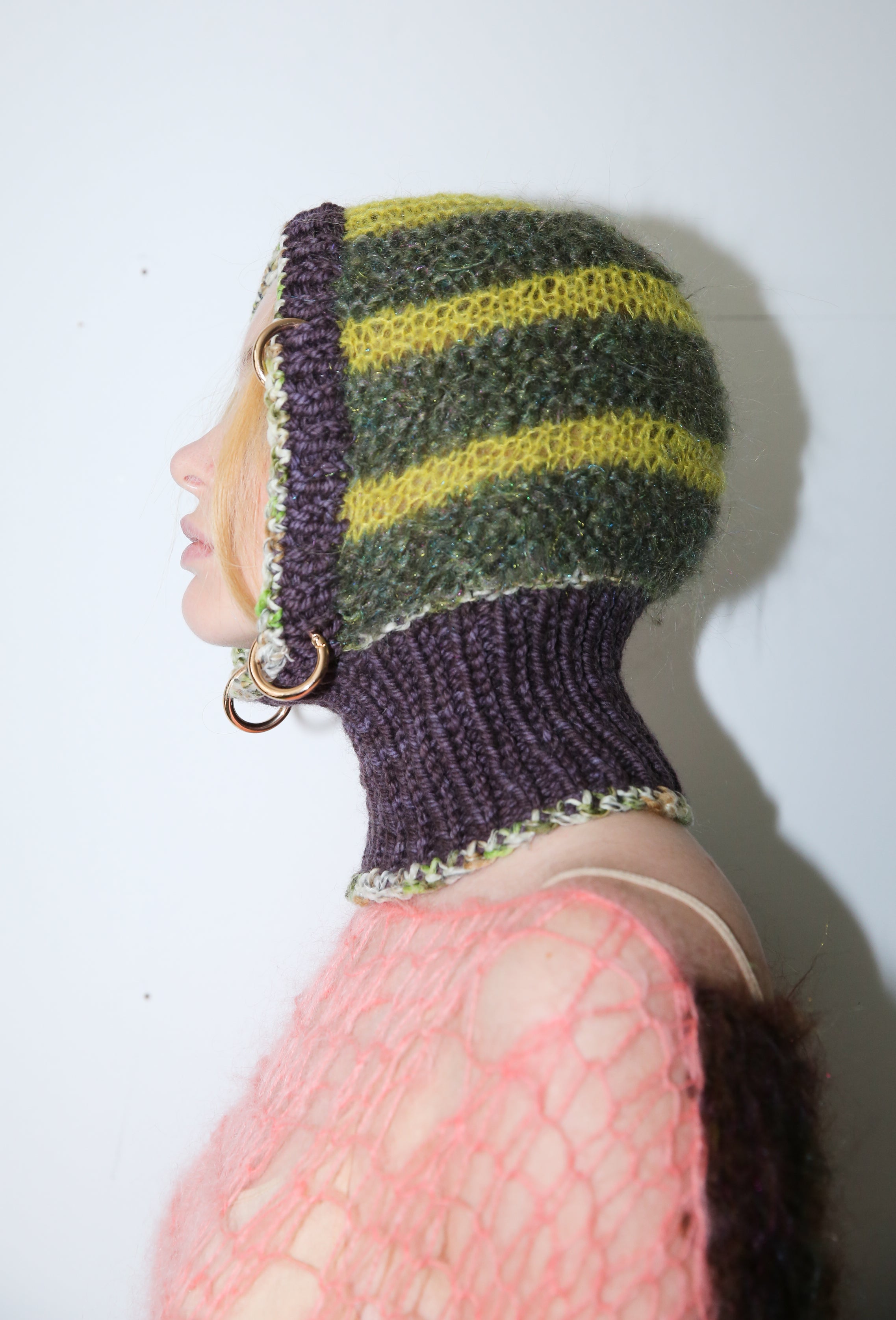 LIME GREEN, PURPLE BROWN & GLITTERY FOREST PIERCING BALACLAVA