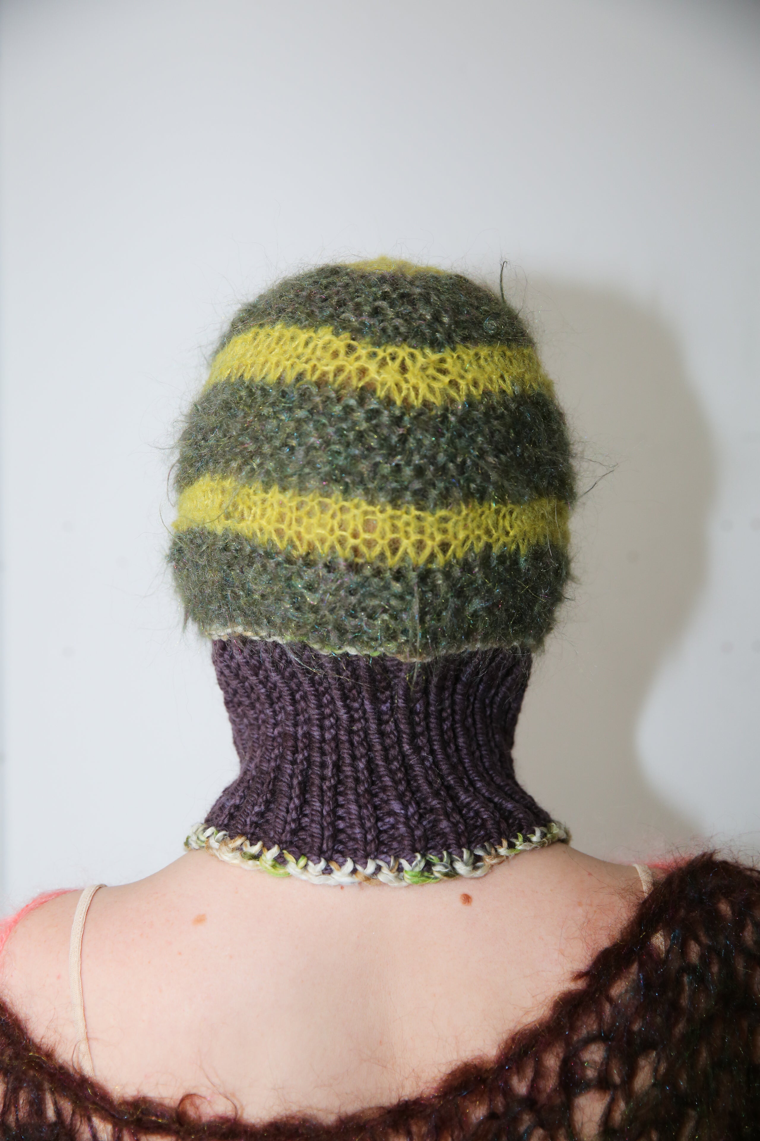 LIME GREEN, PURPLE BROWN & GLITTERY FOREST PIERCING BALACLAVA