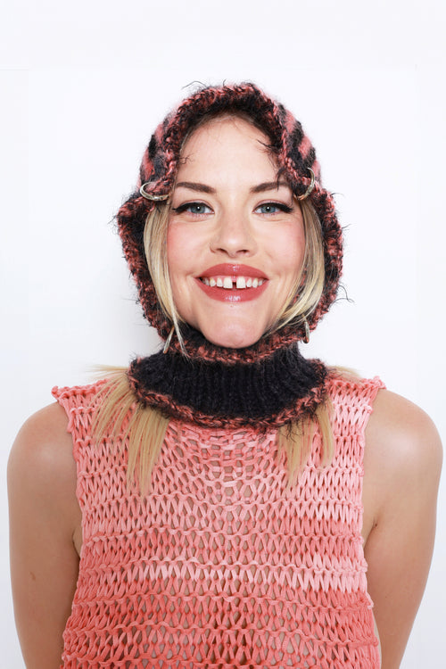 (MADE TO ORDER) BLACK & SALMON PINK STRIPE PIERCING BALACLAVA