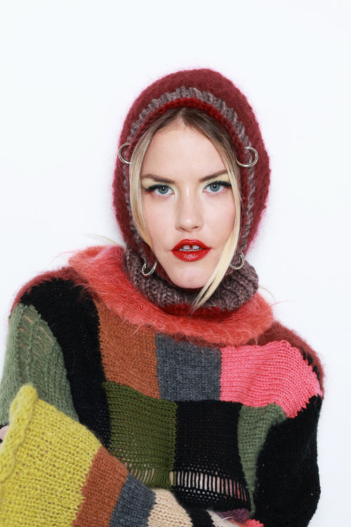 (ONE AVAILABLE) CLARET RED & MELANGE-LIGHT BROWN PIERCING BALACLAVA