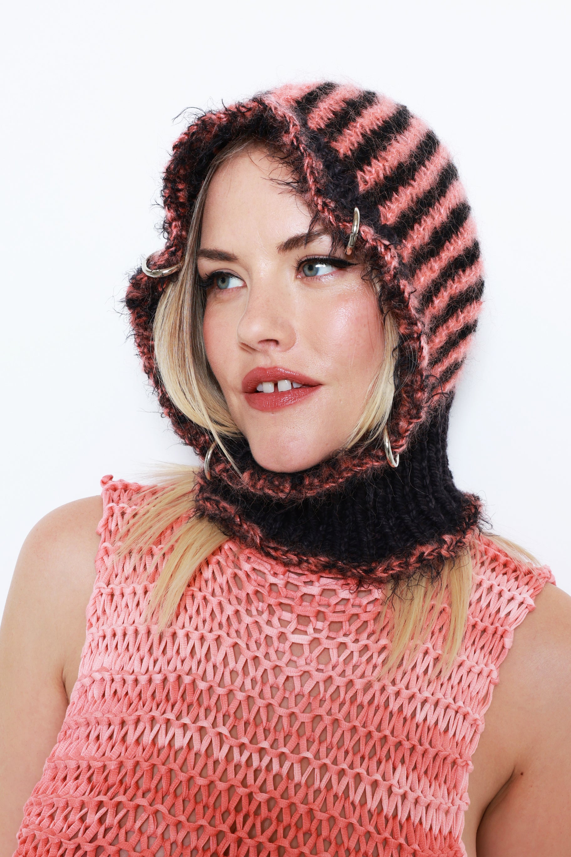 (ONE OF A KIND) BLACK & SALMON PINK STRIPE PIERCING BALACLAVA