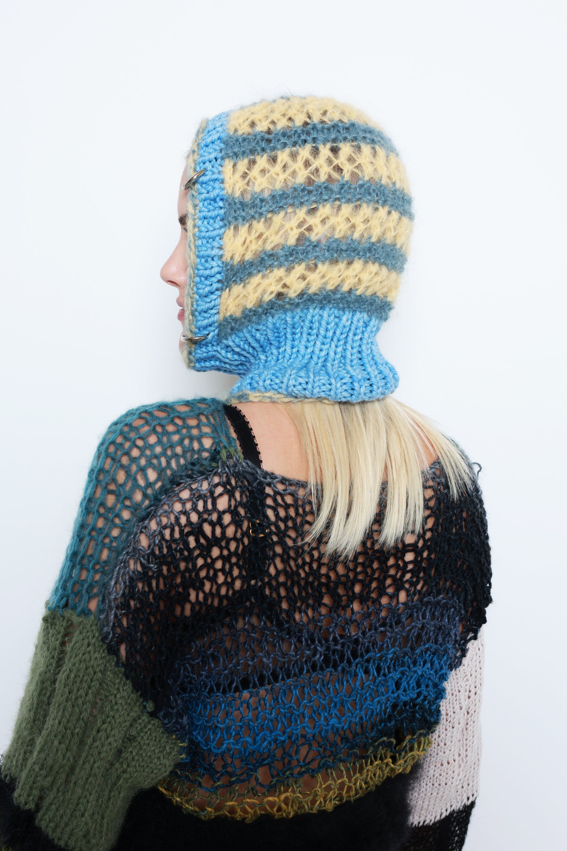 (TWO AVAILABLE) BABY BLUE, TEAL & BUTTERCUP YELLOW STRIPE PIERCING BALACLAVA