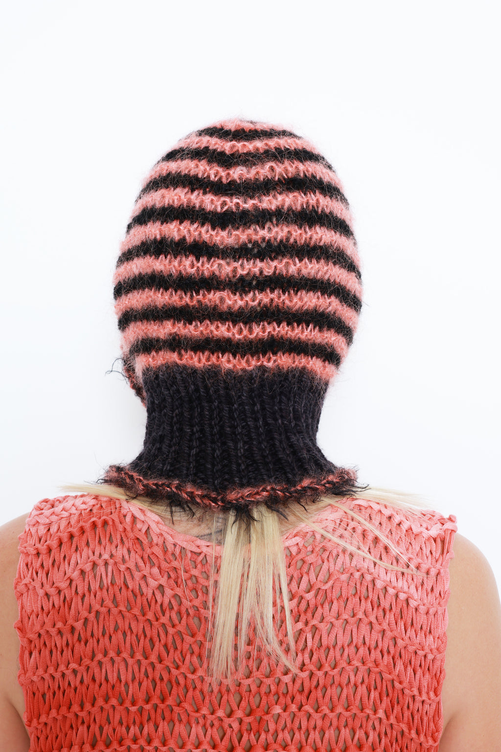 (ONE OF A KIND) BLACK & SALMON PINK STRIPE PIERCING BALACLAVA