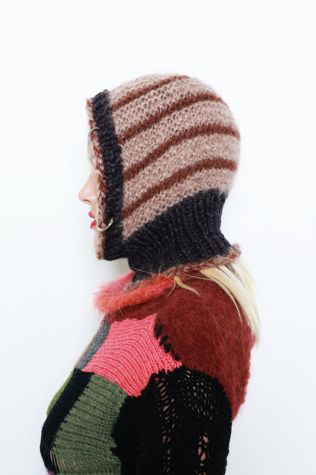 (TWO AVAILABLE) BEIGE, BROWN & GRAPHITE-BROWN STRIPE PIERCING BALACLAVA