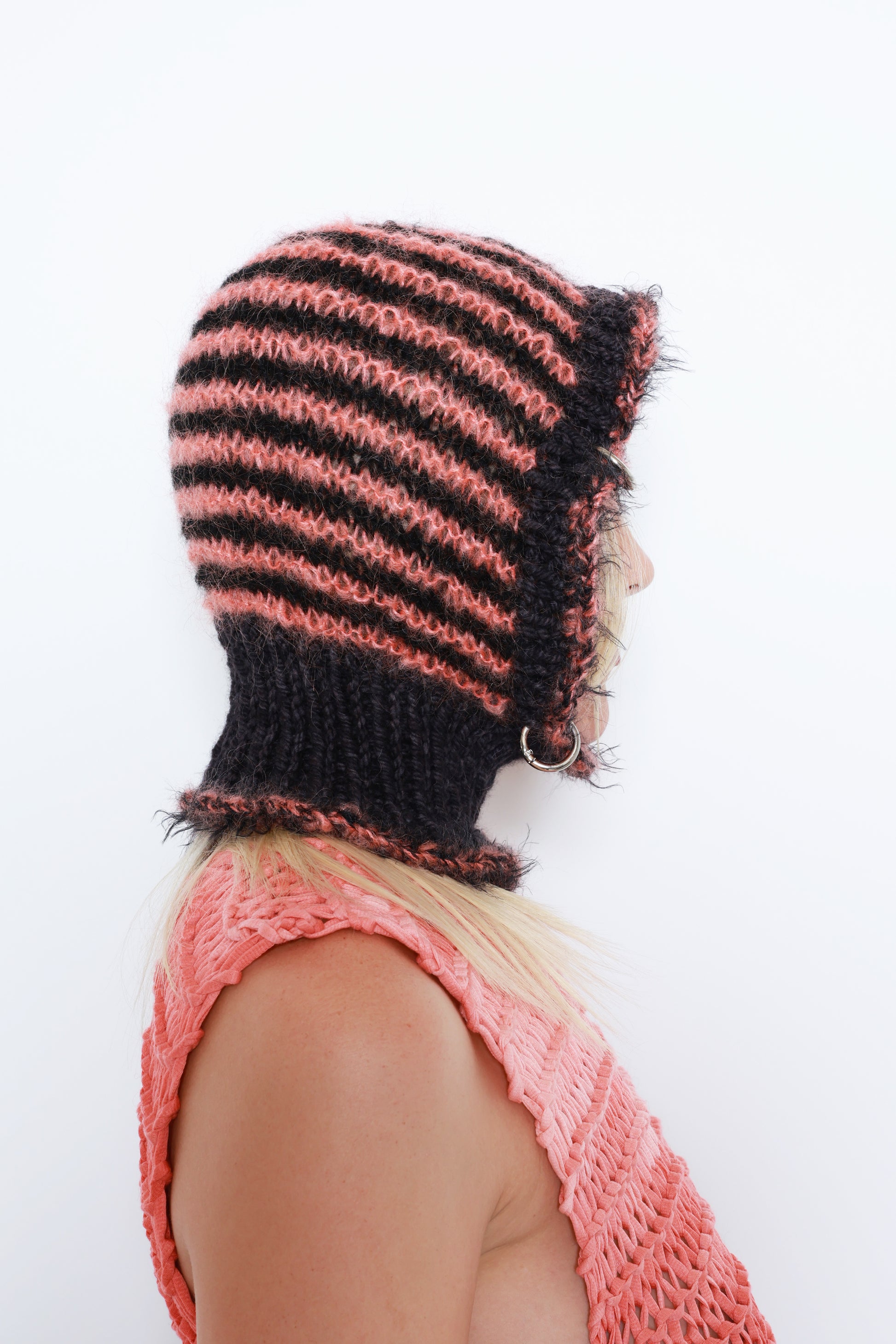 (ONE OF A KIND) BLACK & SALMON PINK STRIPE PIERCING BALACLAVA