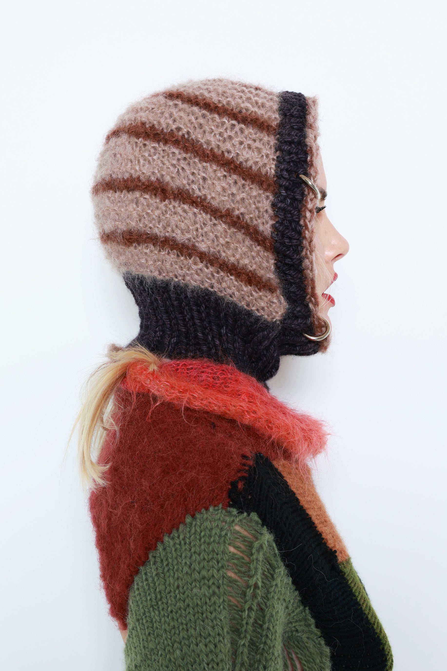 (TWO AVAILABLE) BEIGE, BROWN & GRAPHITE-BROWN STRIPE PIERCING BALACLAVA