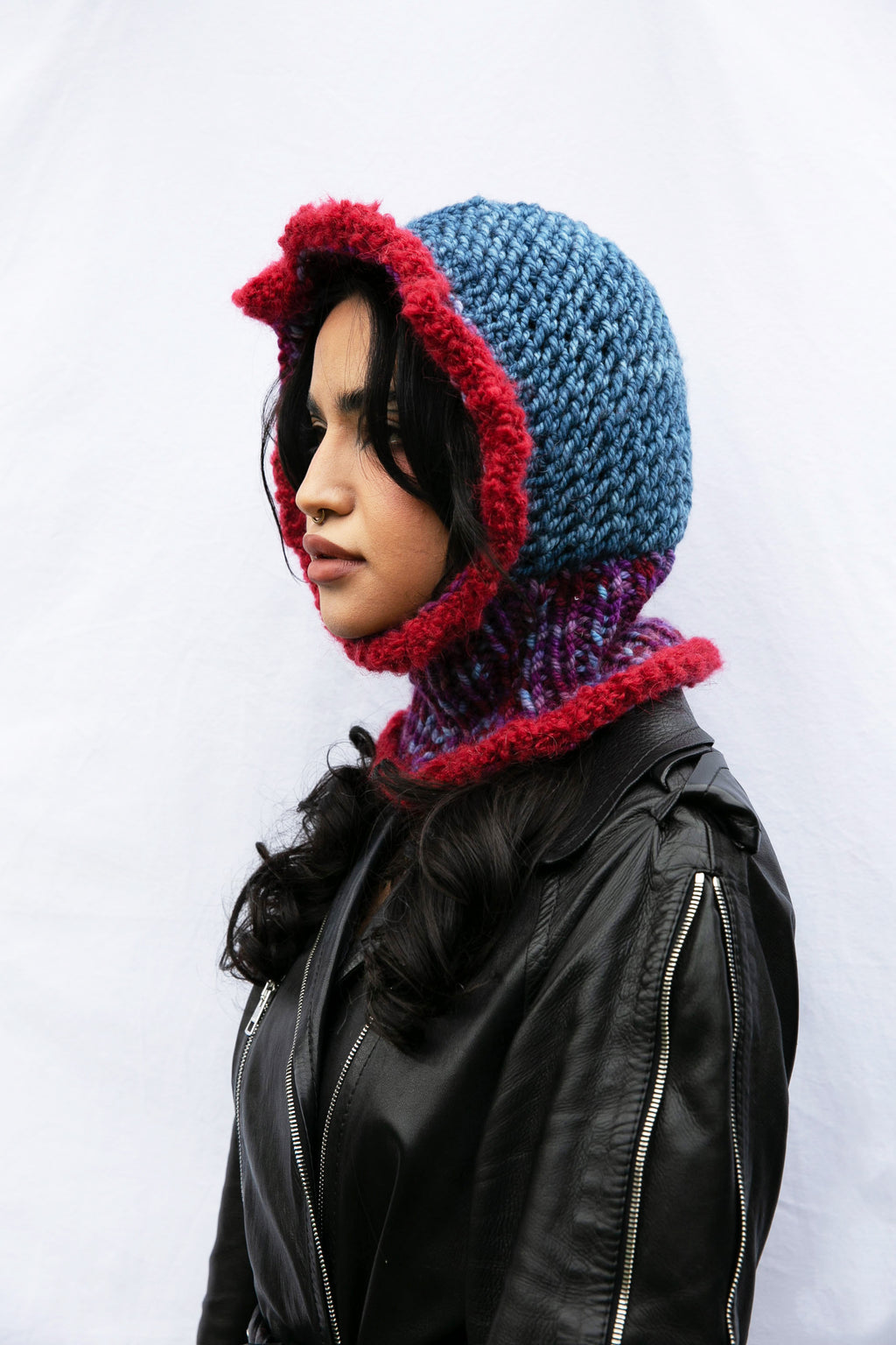DENIM, PURPLE MELANGE AND RASPBERRY FRILL BALACLAVA