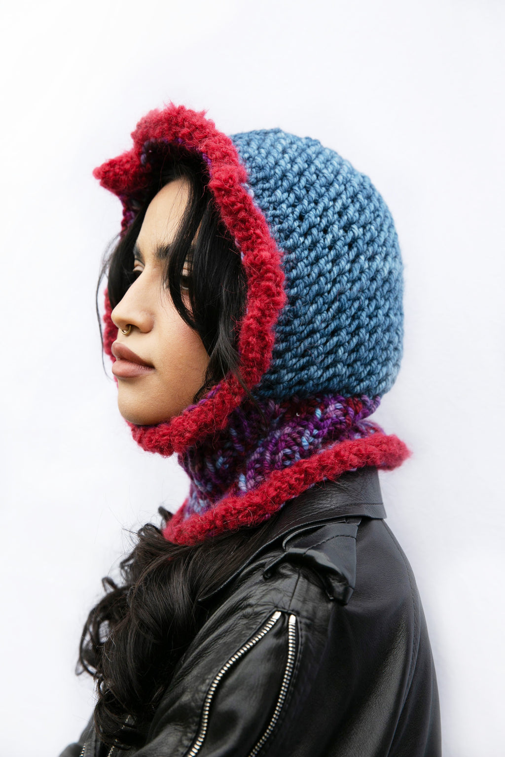 DENIM, PURPLE MELANGE AND RASPBERRY FRILL BALACLAVA