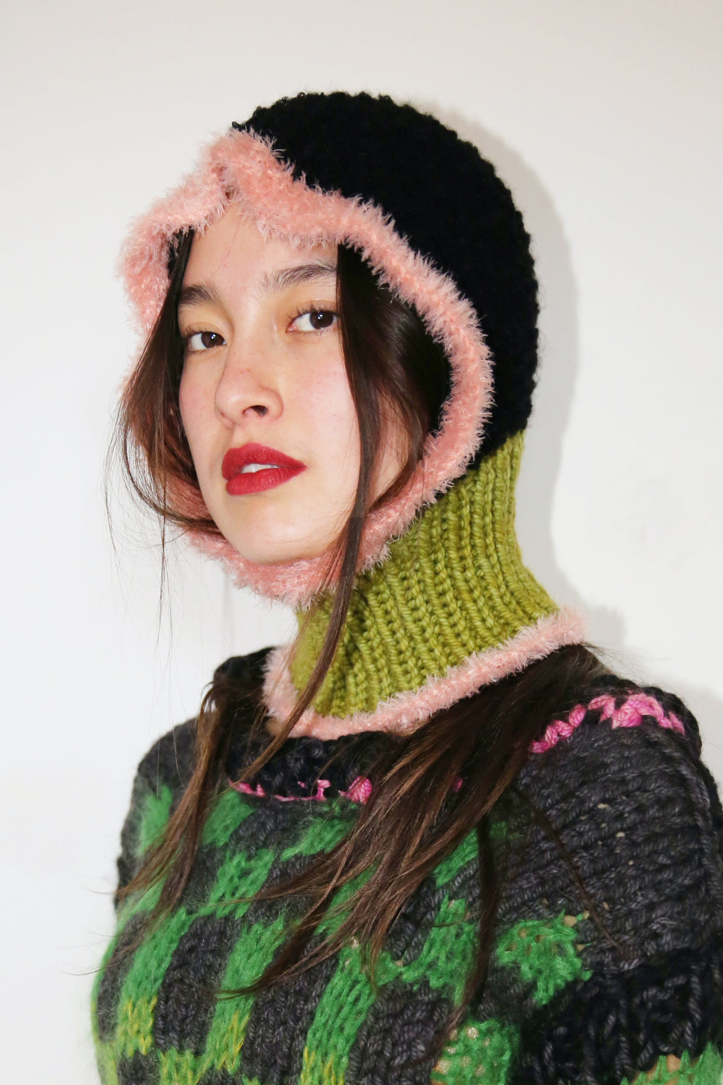 GREEN, PINK & BLACK FRILL BALACLAVA