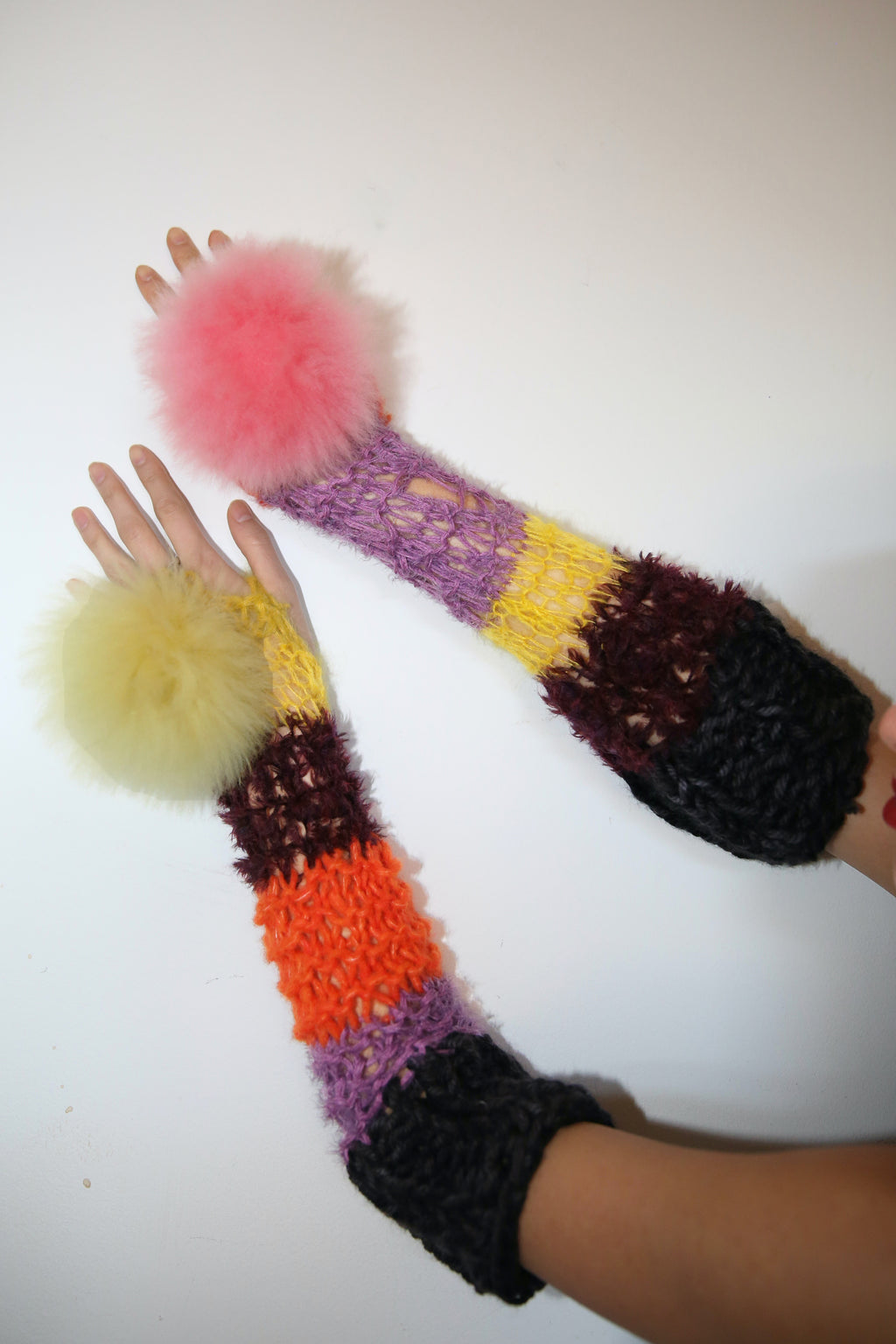 ORANGE, PINK, YELLOW, PURPLE & BLACK POM POM ARMWARMERS