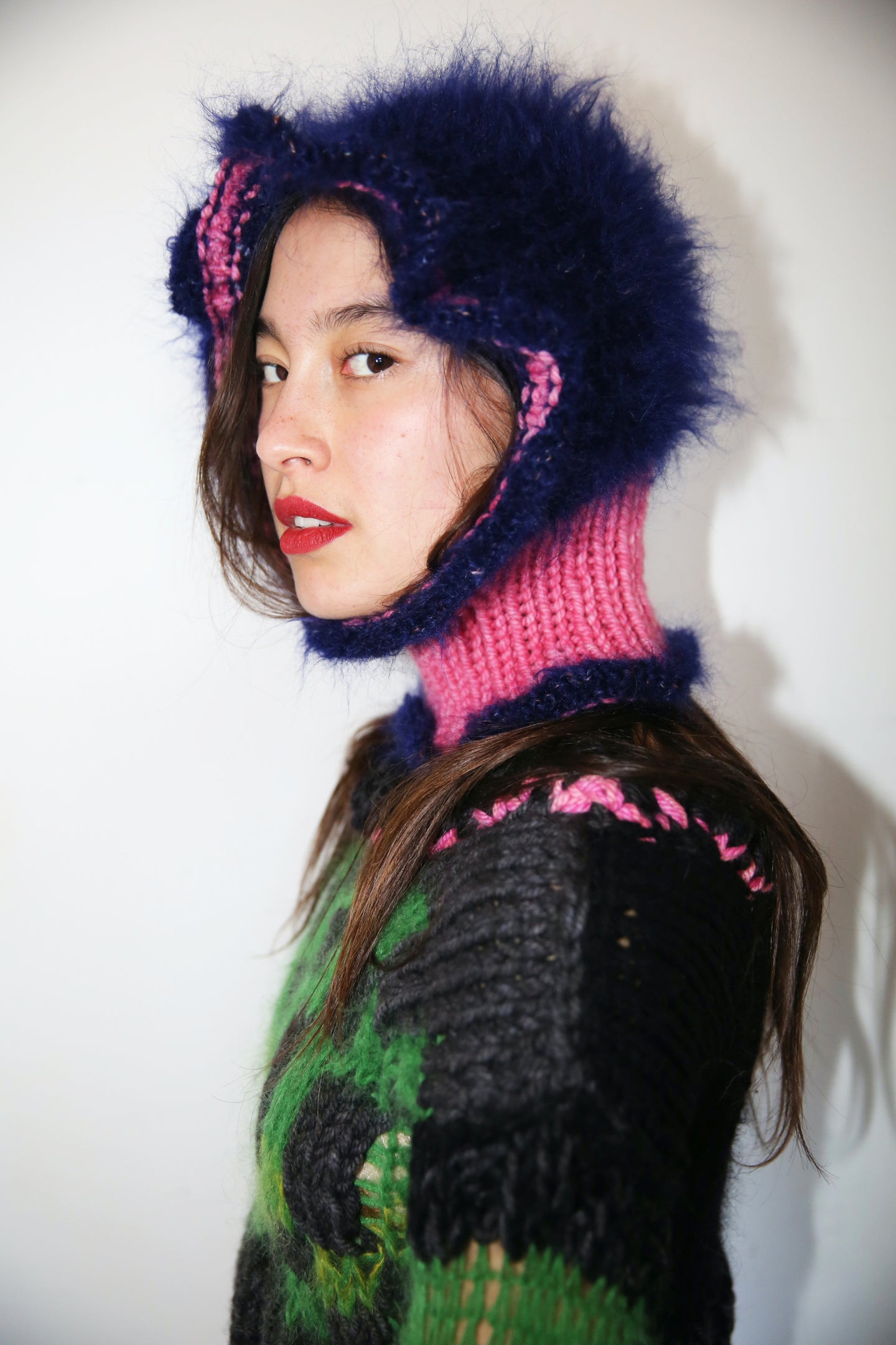 DARK BLUE & PINK HAIRY FRILL BALACLAVA