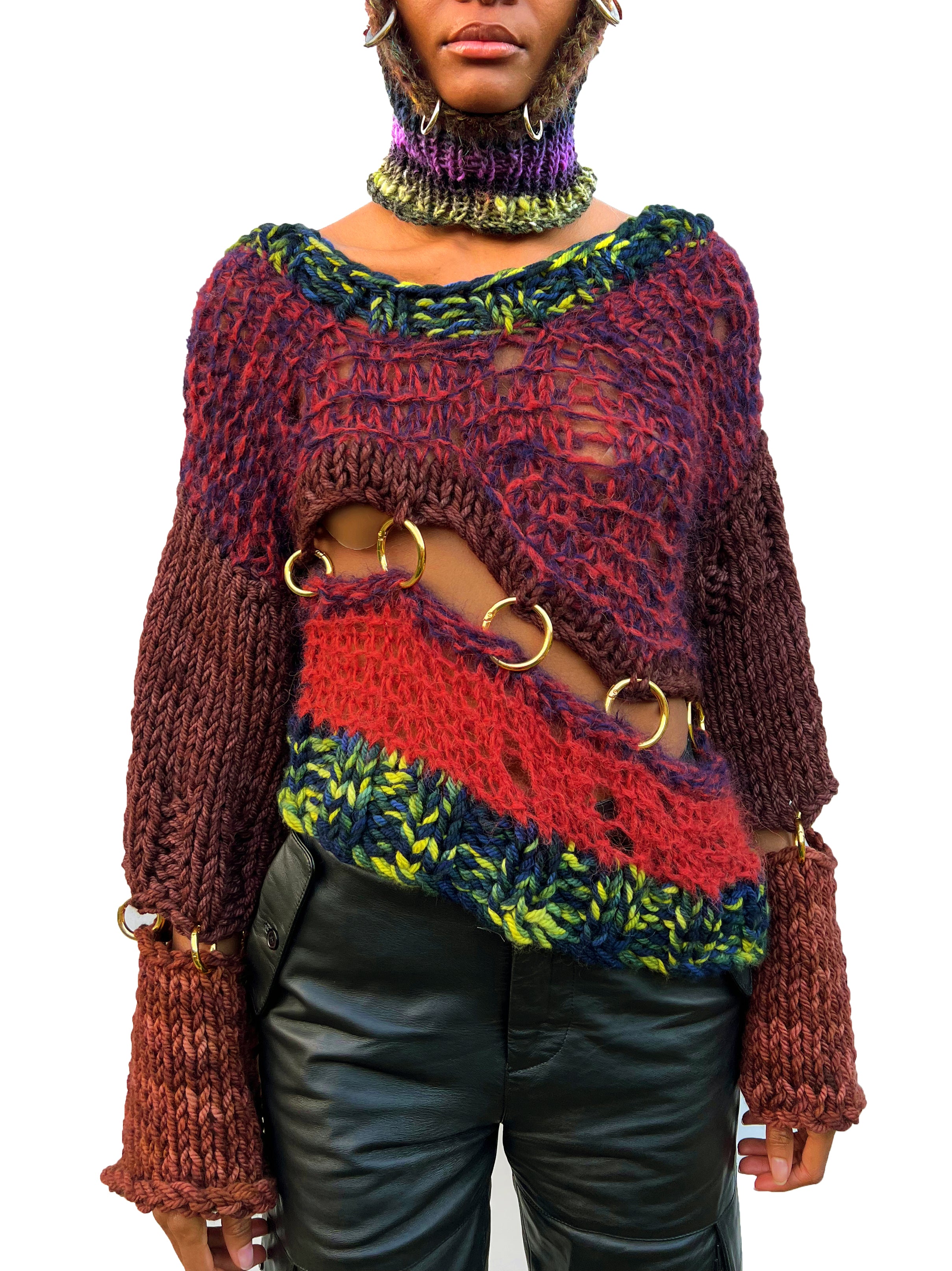 BROWN BUNNY HEAVY KNIT PIERCING JUMPER
