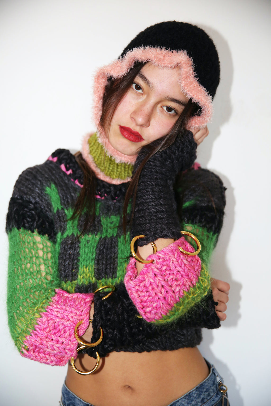 GREEN, PINK & BLACK FRILL BALACLAVA