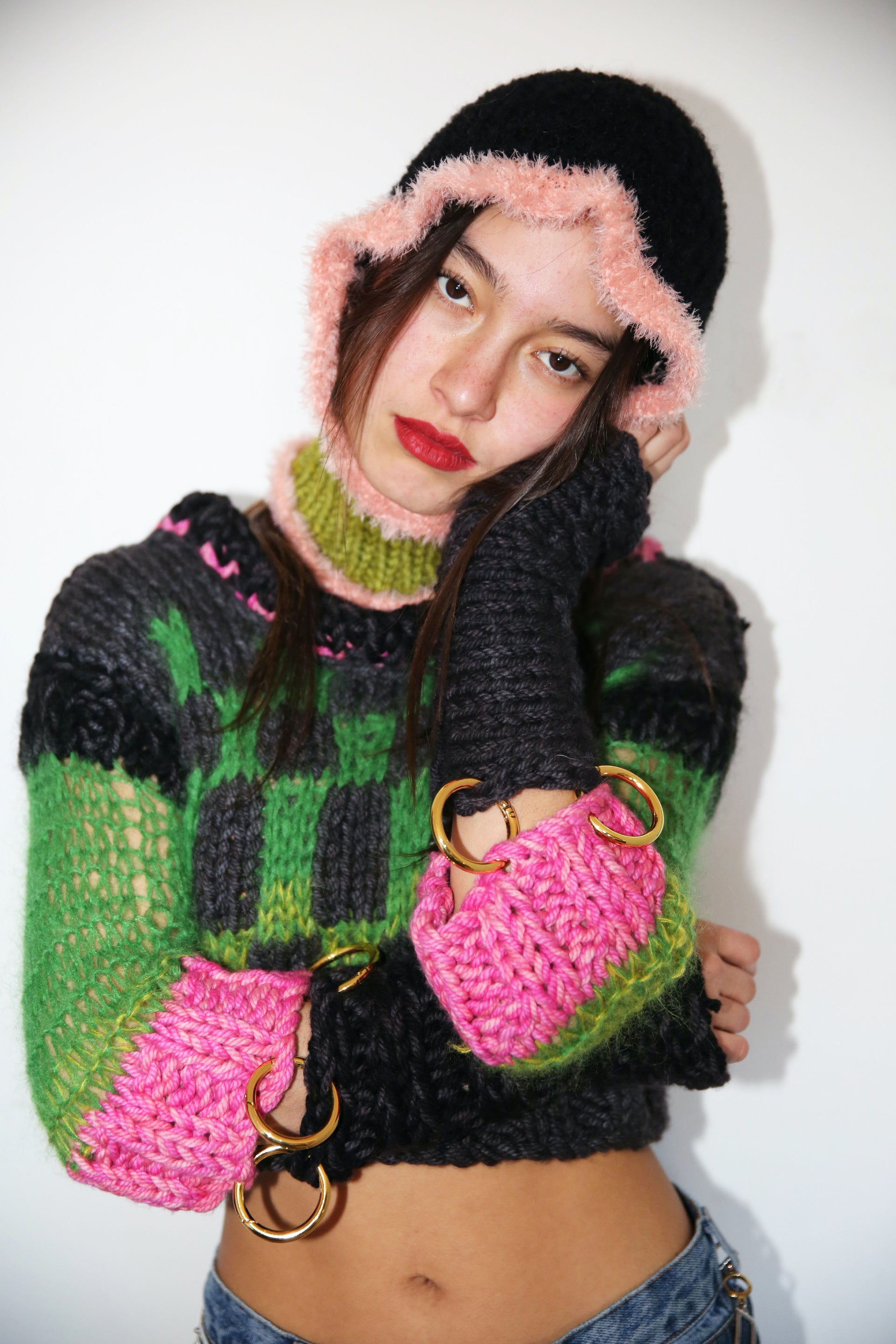 GREEN, PINK & BLACK FRILL BALACLAVA