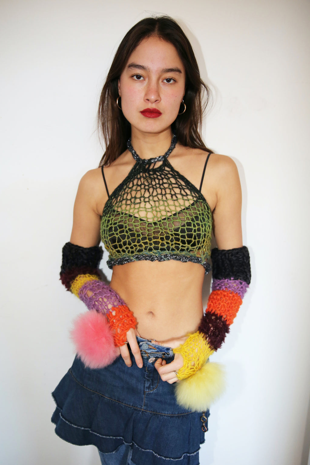 ORANGE, PINK, YELLOW, PURPLE & BLACK POM POM ARMWARMERS