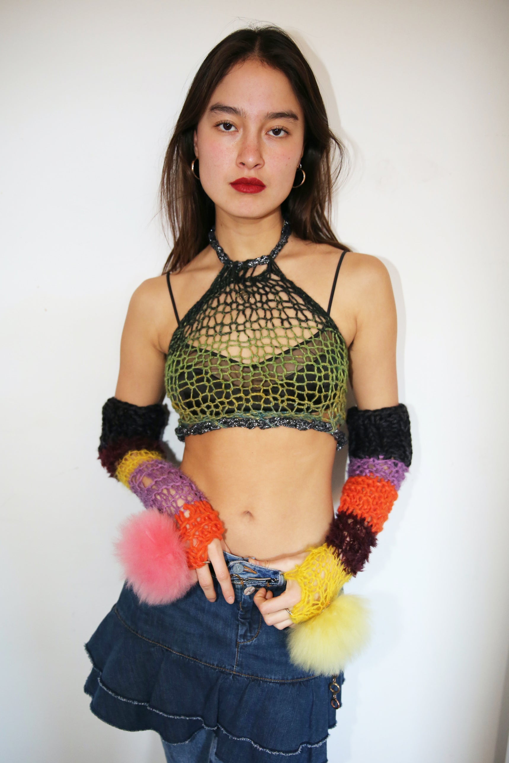 ORANGE, PINK, YELLOW, PURPLE & BLACK POM POM ARMWARMERS