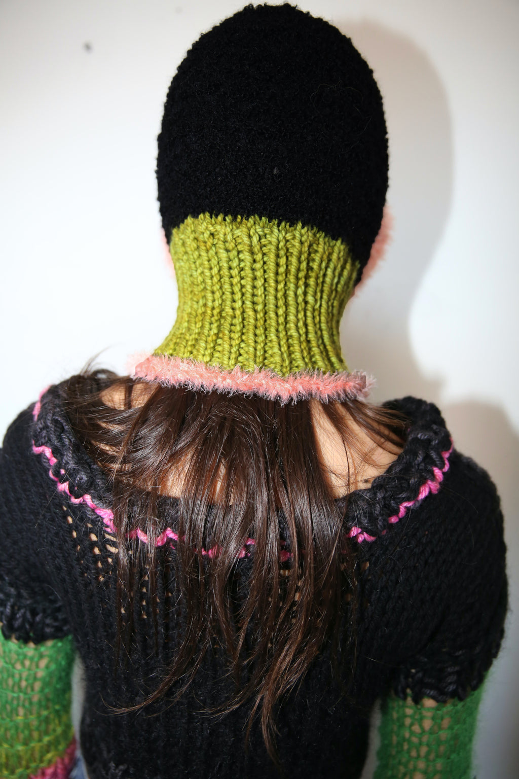 GREEN, PINK & BLACK FRILL BALACLAVA