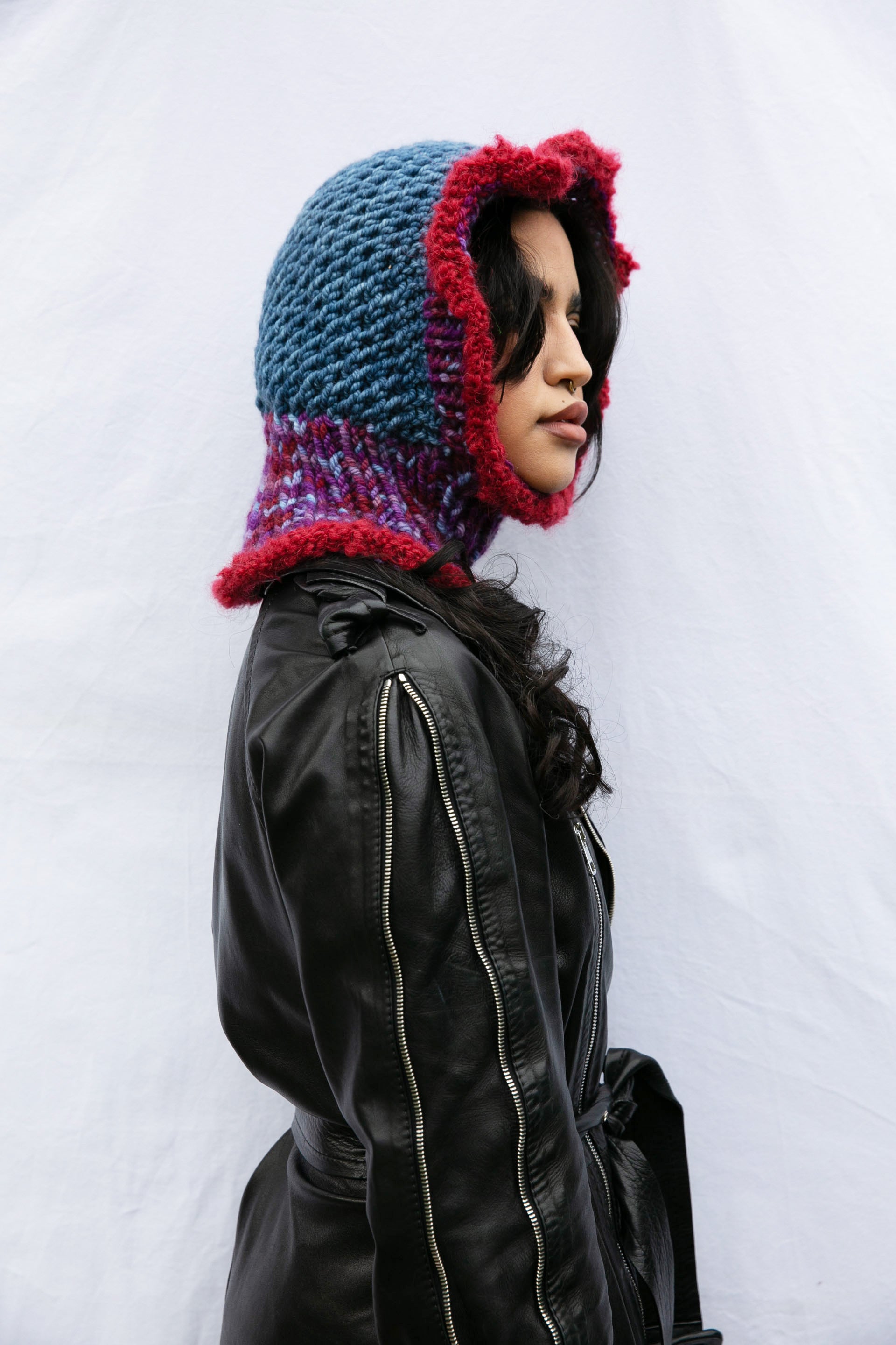 DENIM, PURPLE MELANGE AND RASPBERRY FRILL BALACLAVA