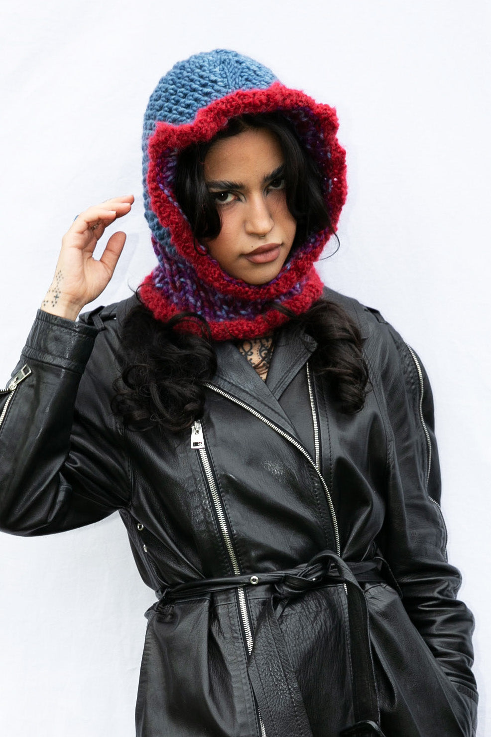 DENIM, PURPLE MELANGE AND RASPBERRY FRILL BALACLAVA