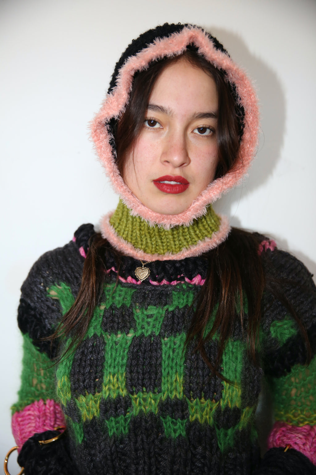 GREEN, PINK & BLACK FRILL BALACLAVA