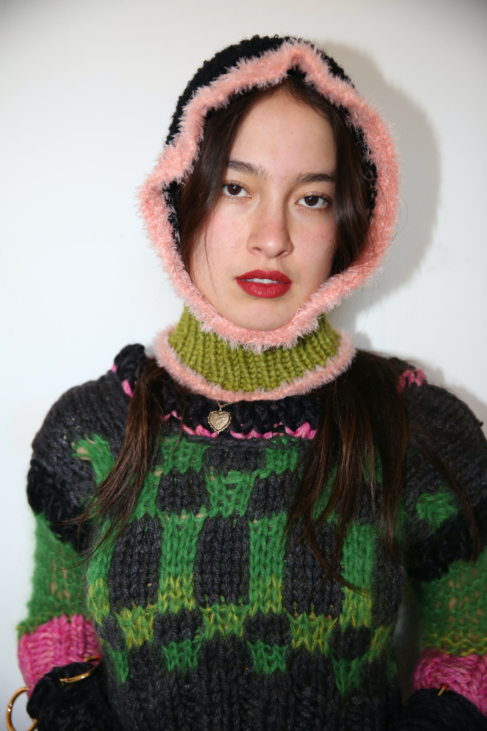 GREEN, PINK & BLACK FRILL BALACLAVA