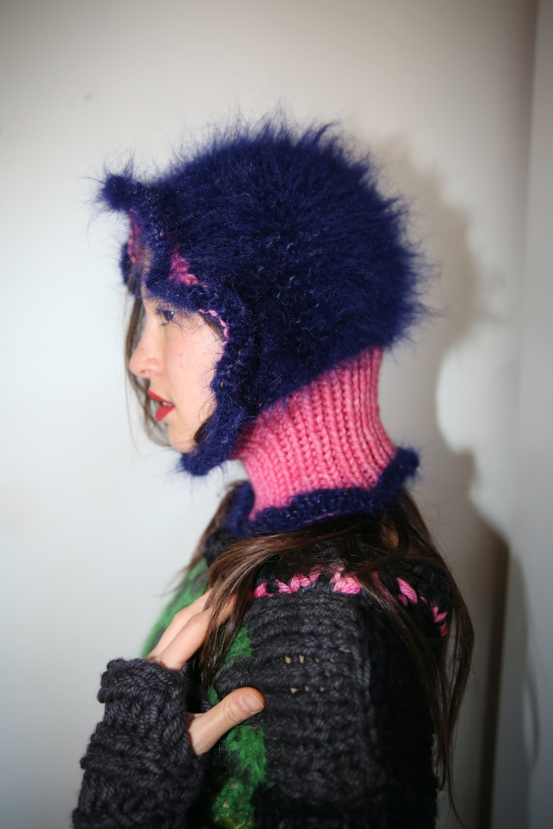 DARK BLUE & PINK HAIRY FRILL BALACLAVA