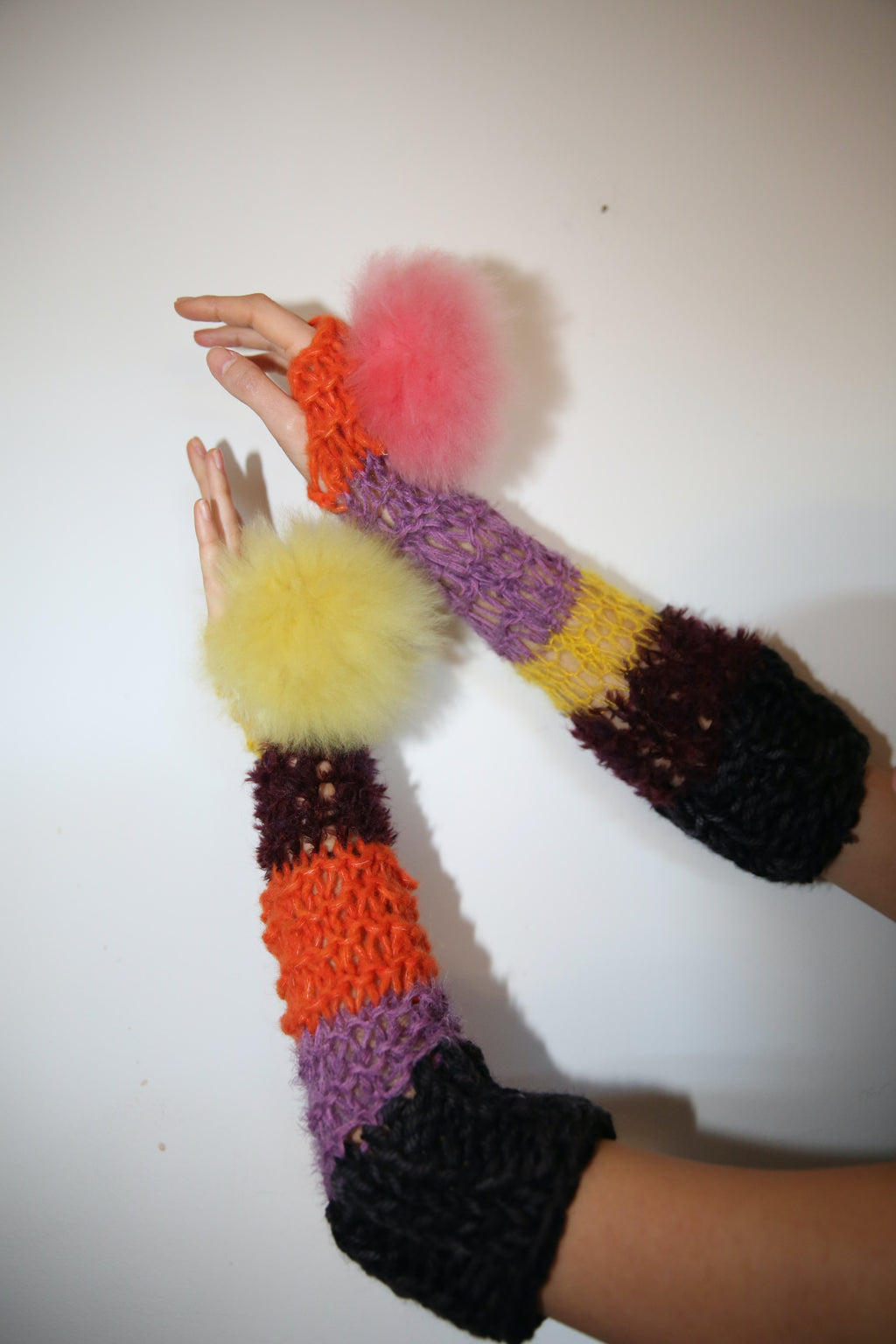 ORANGE, PINK, YELLOW, PURPLE & BLACK POM POM ARMWARMERS